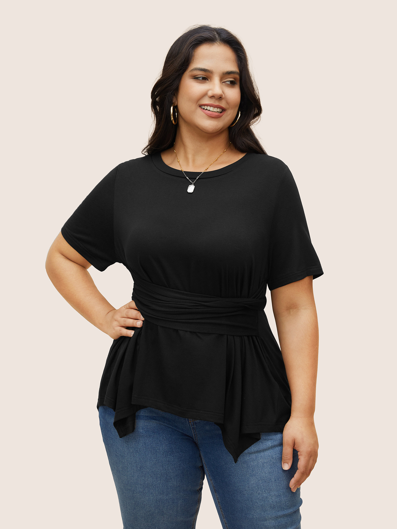 

Plus Size Crew Neck Knotted Ruched T-shirt Black Round Neck Short sleeve Elegant Jersey Tops