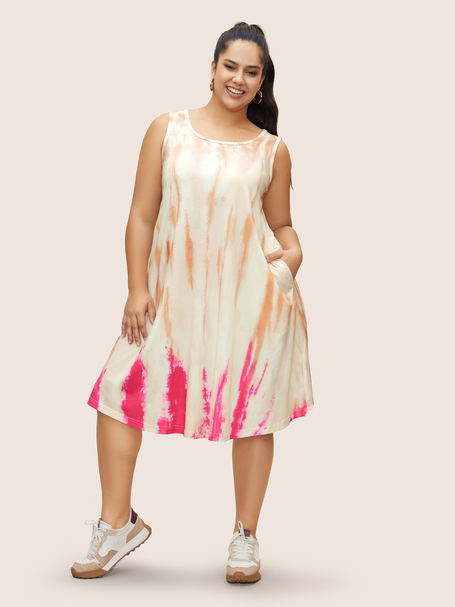 

Plus Size U Neck Tie Dye Pocket Tank Dress Multicolor Women Casual Non U-neck Sleeveless Curvy BloomChic