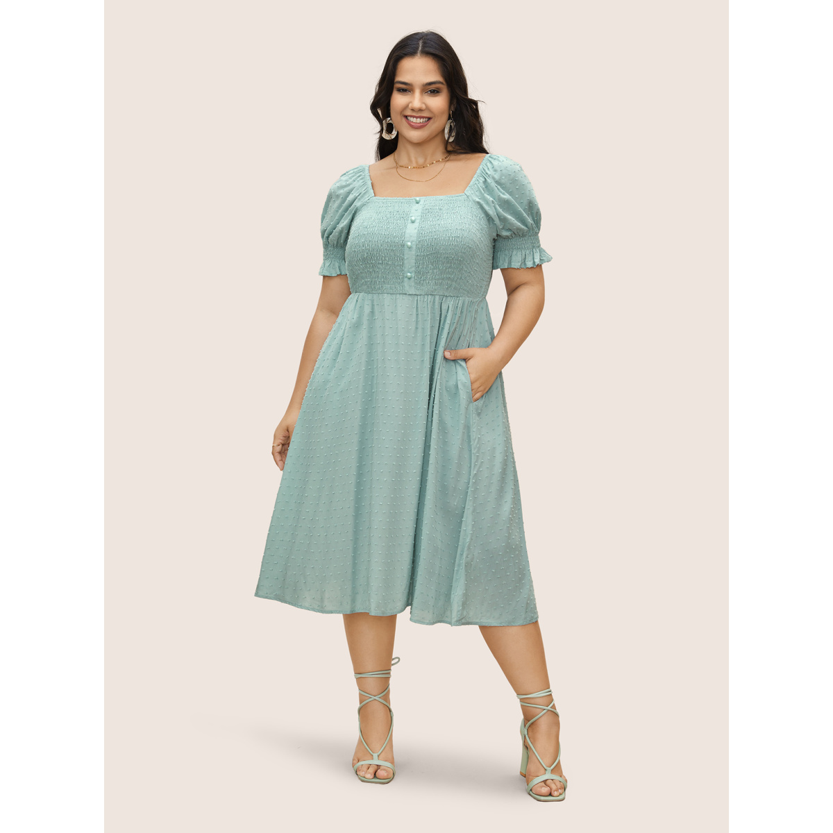 

Plus Size Supersoft Essentials Solid Puff Sleeve Shirred Dress Turquoise Women Texture Square Neck Short sleeve Curvy BloomChic