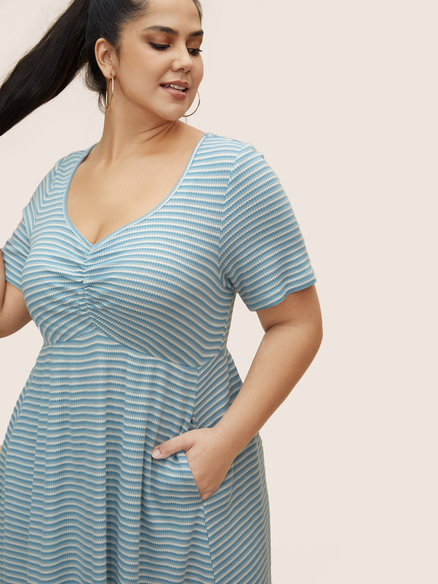 

Plus Size Stripes Waffle Knit Ruched Pocket Dress LightBlue Women Casual Gathered Heart neckline Short sleeve Curvy BloomChic