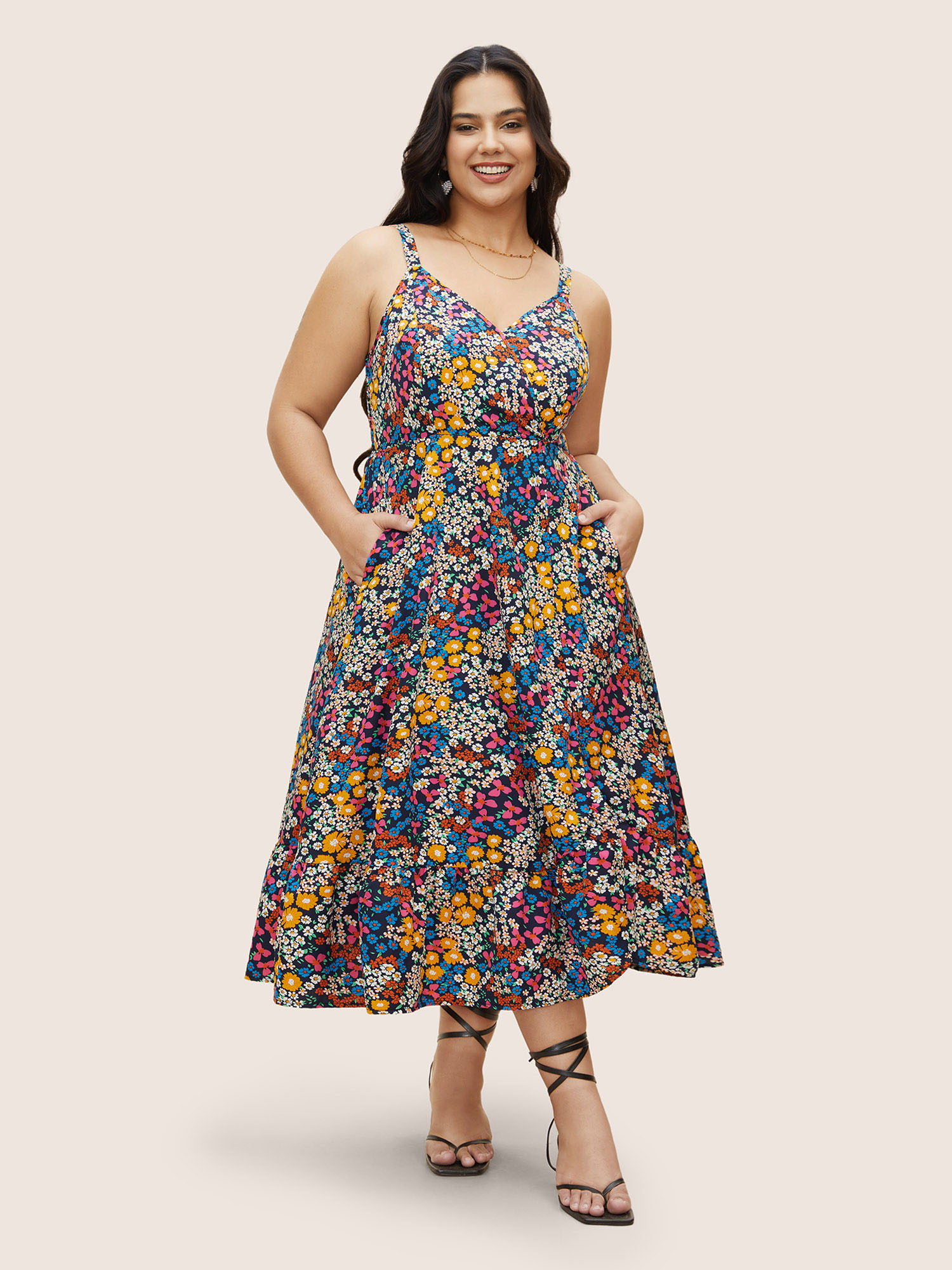 

Plus Size Ditsy Floral Shirred Pocket Cami Dress Indigo Women Elegant Shirred V-neck Sleeveless Curvy BloomChic