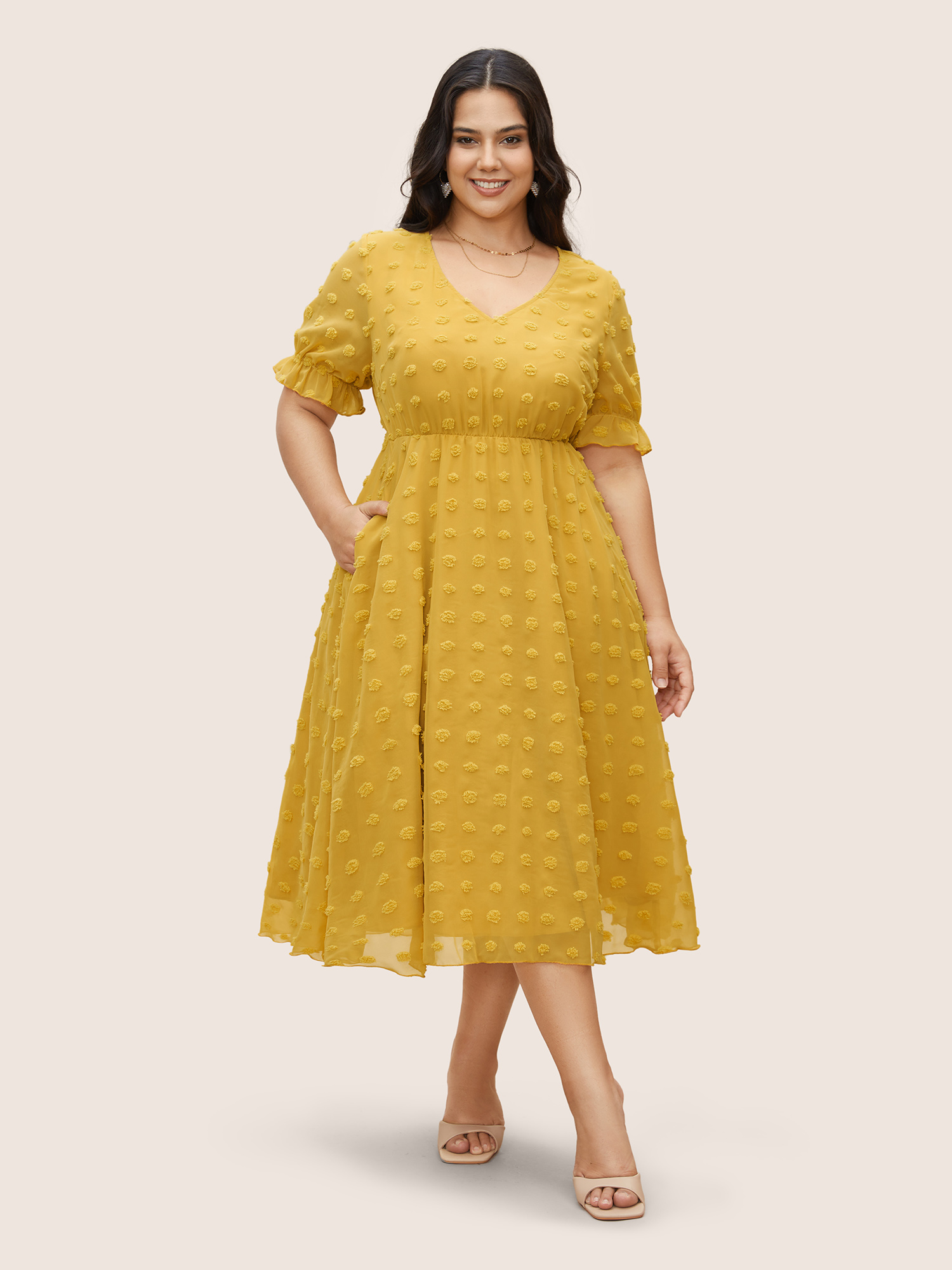 

Plus Size Chiffon Plisse V Neck Elastic Waist Dress Gold Women Elegant Texture V-neck Short sleeve Curvy BloomChic
