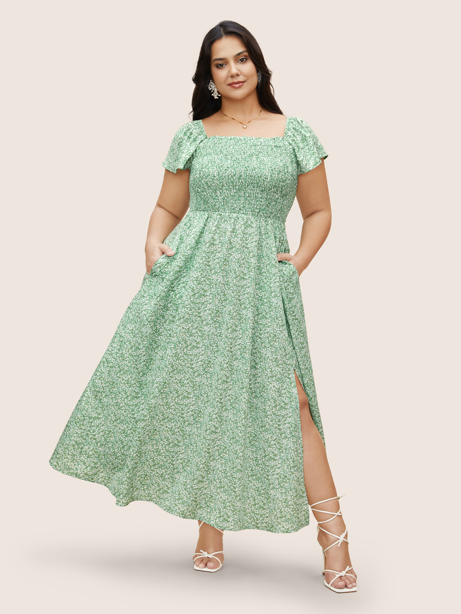 

Plus Size Ditsy Floral Ruffles Shirred Split Side Dress Mint Women Elegant Shirred Square Neck Cap Sleeve Curvy BloomChic