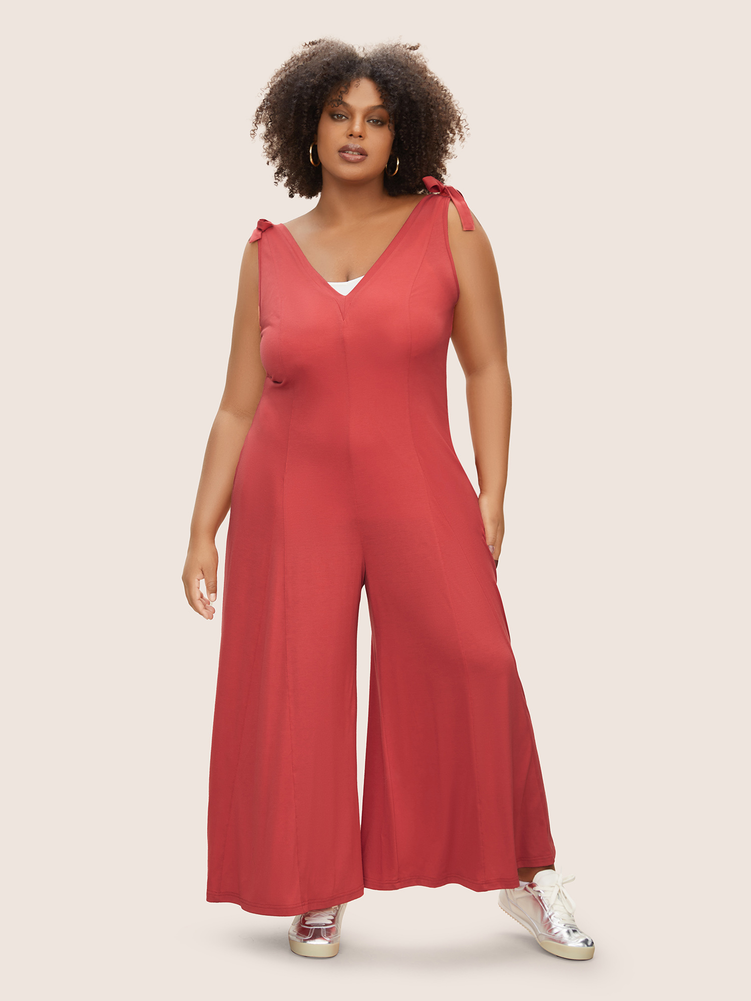 

Plus Size OrangeRed Supersoft Essentials V Neck Solid Tie Knot Jumpsuit Women Casual Sleeveless V-neck Everyday Loose Jumpsuits BloomChic
