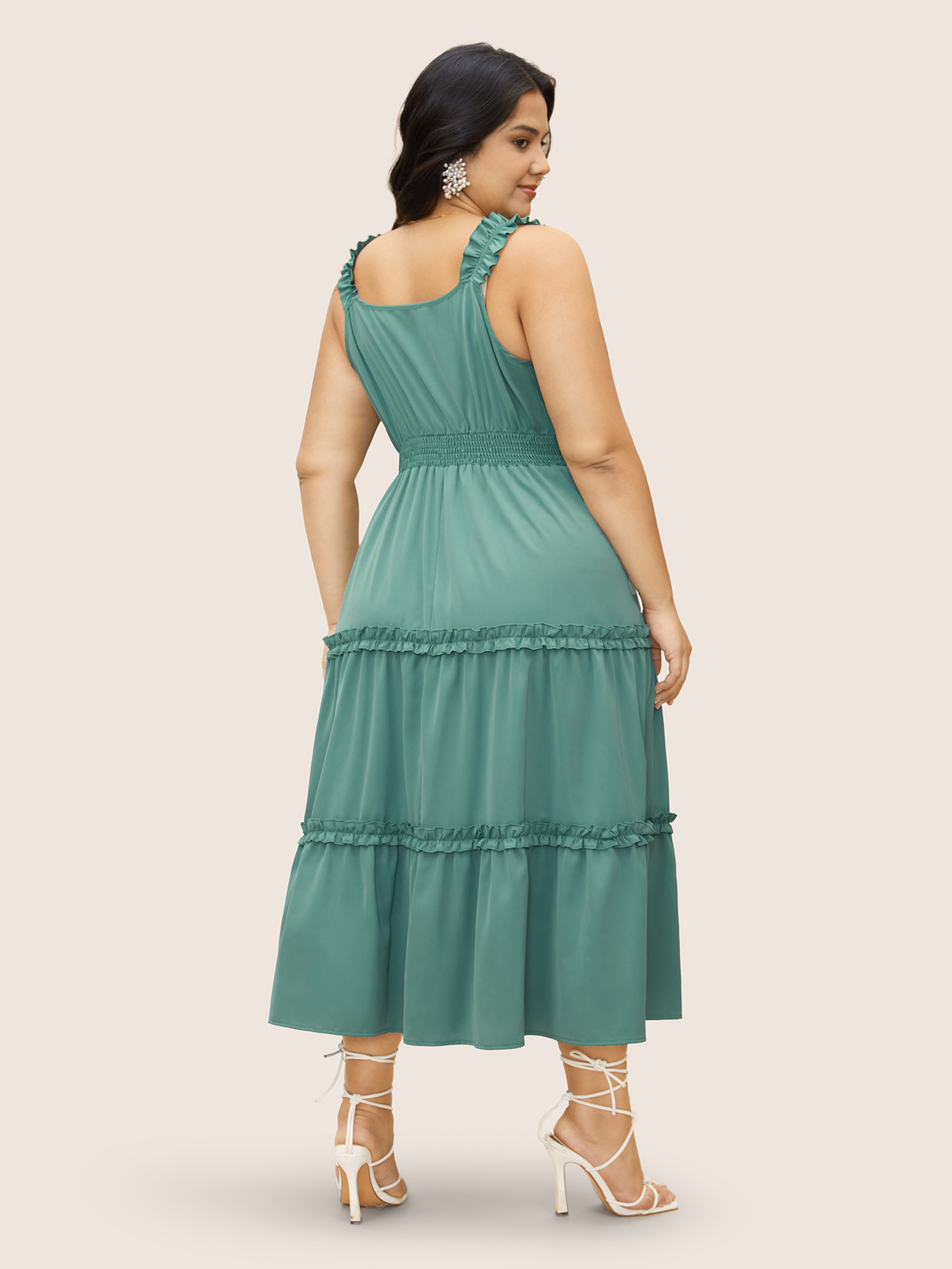

Plus Size Solid Ruffles Shirred Frill Trim Dress Mint Women Frill Trim V-neck Sleeveless Curvy BloomChic