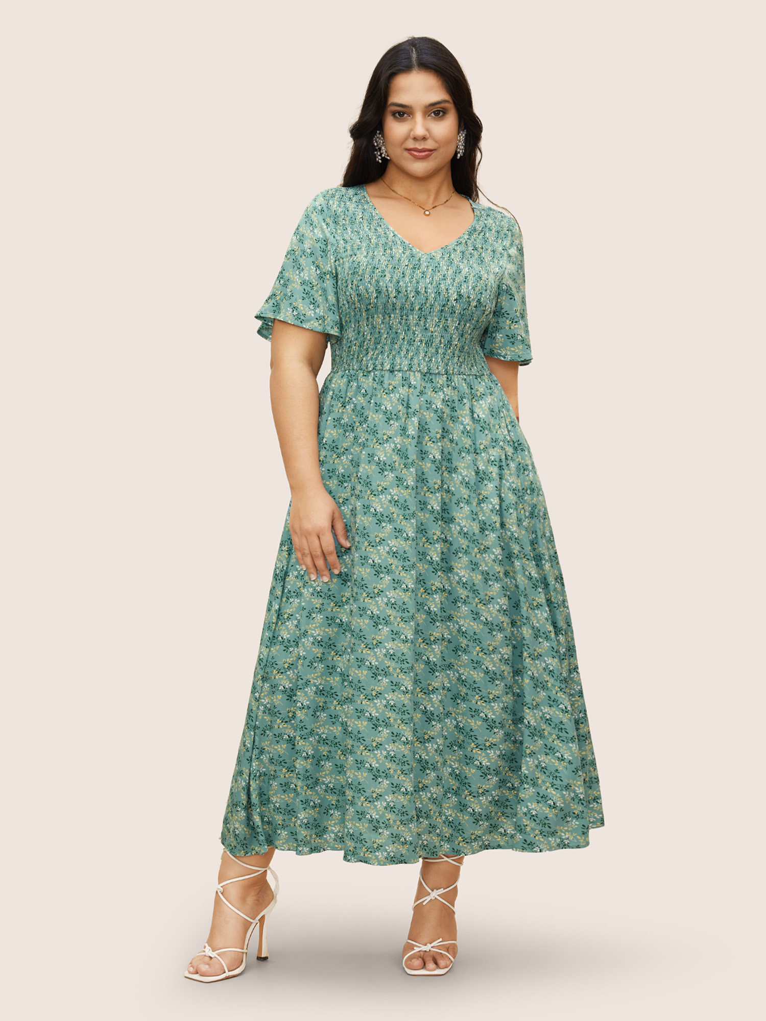 

Plus Size Rayon Ditsy Floral V Neck Shirred Dress Mint Women Elegant Shirred V-neck Short sleeve Curvy BloomChic