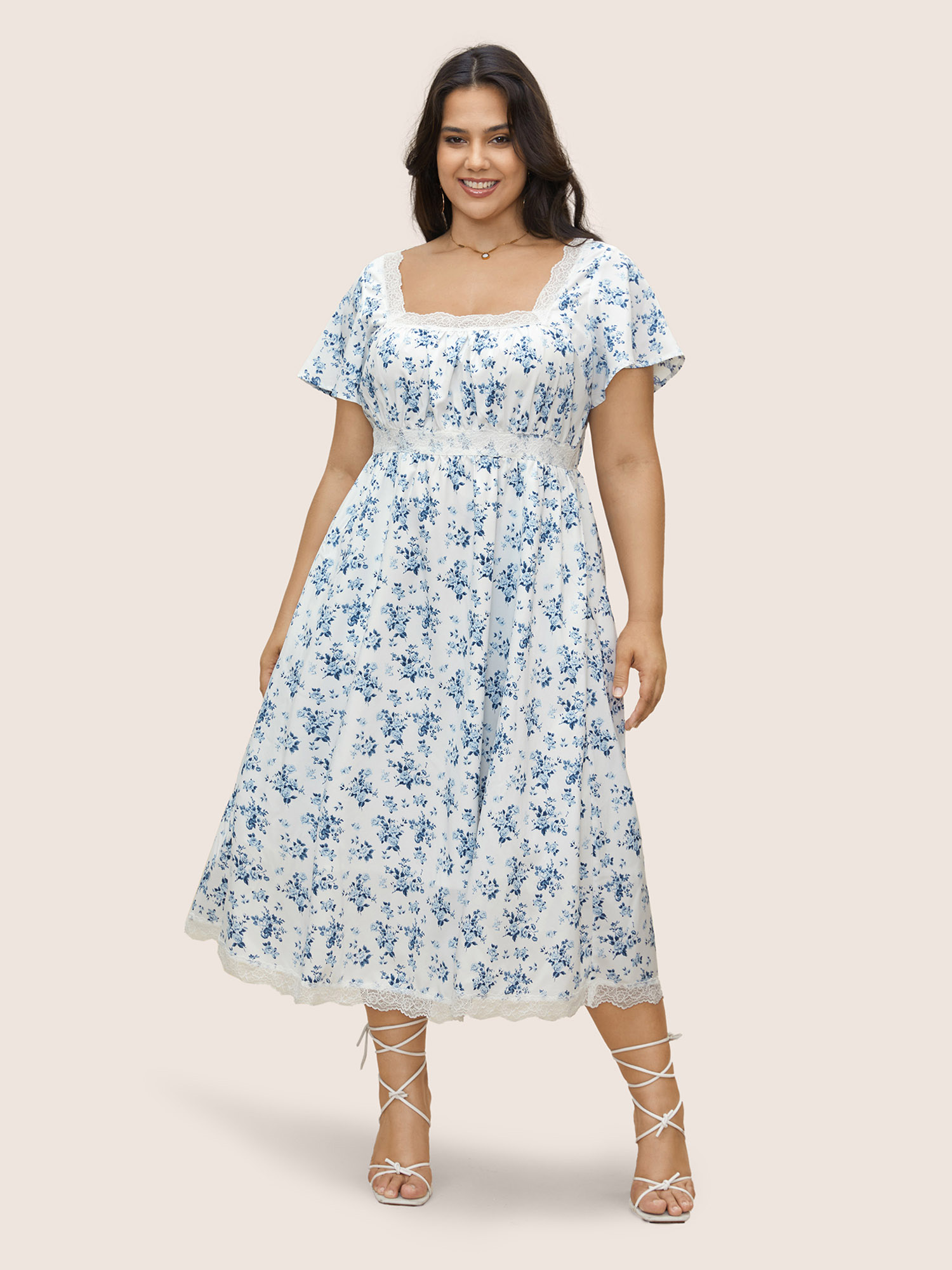 Plus Size Square Neck Lace Panel Pocket Dress LightBlue Women Woven ribbon&lace trim Square Neck Short sleeve Curvy BloomChic 12/L 