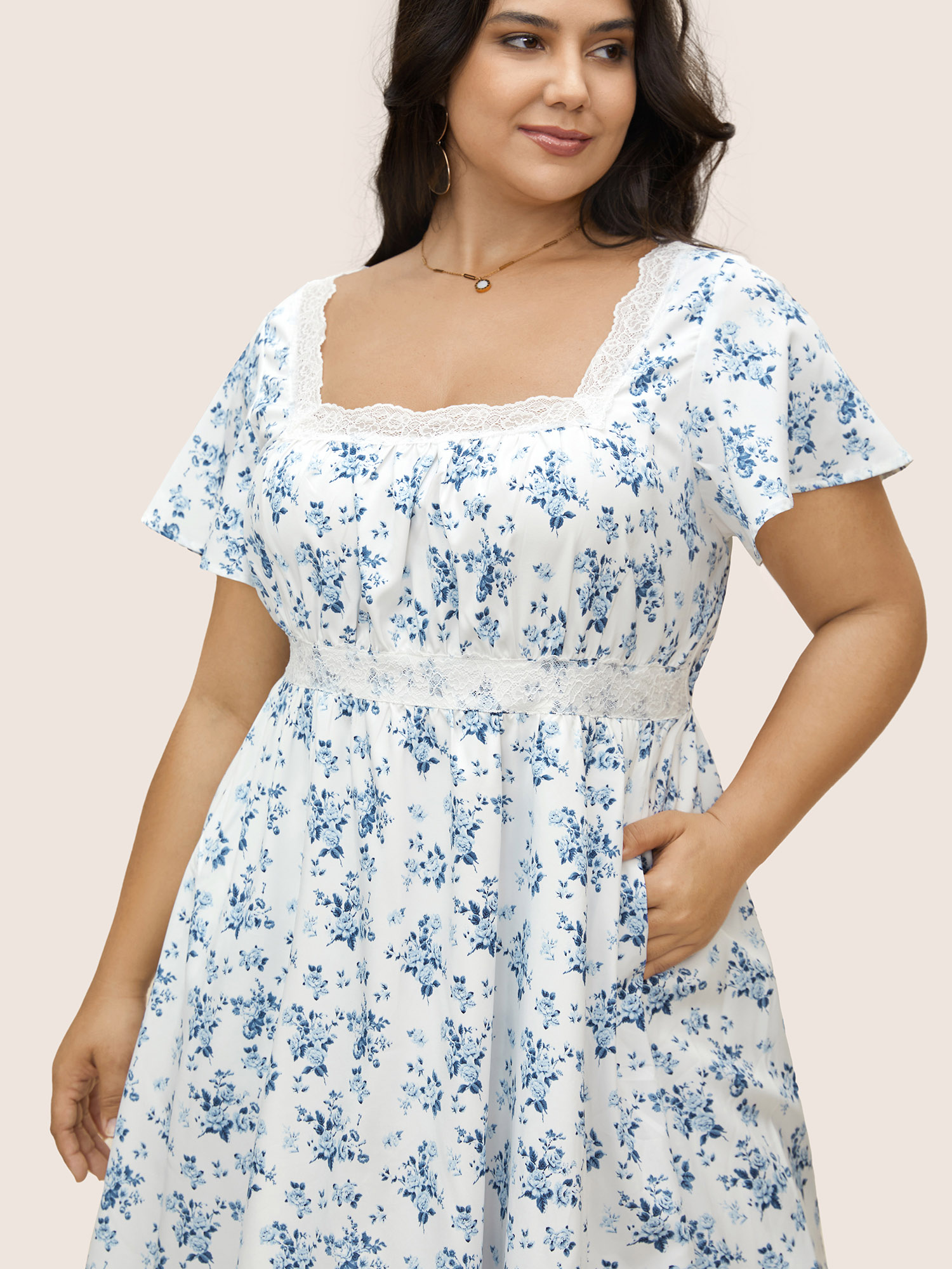 

Plus Size Square Neck Lace Panel Pocket Dress LightBlue Women Elegant Woven ribbon&lace trim Square Neck Short sleeve Curvy BloomChic