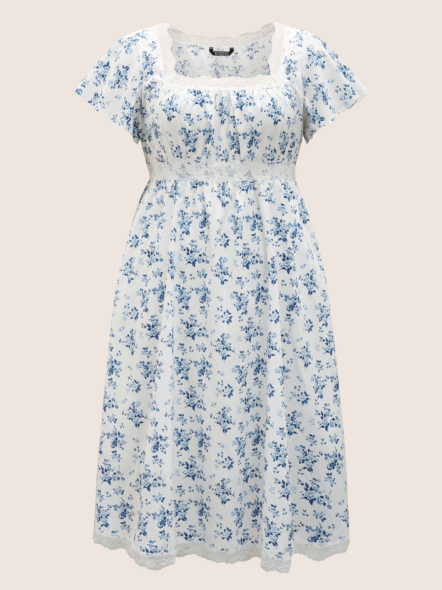 Plus Size Square Neck Lace Panel Pocket Dress LightBlue Women Woven ribbon&lace trim Square Neck Short sleeve Curvy BloomChic 12/L 