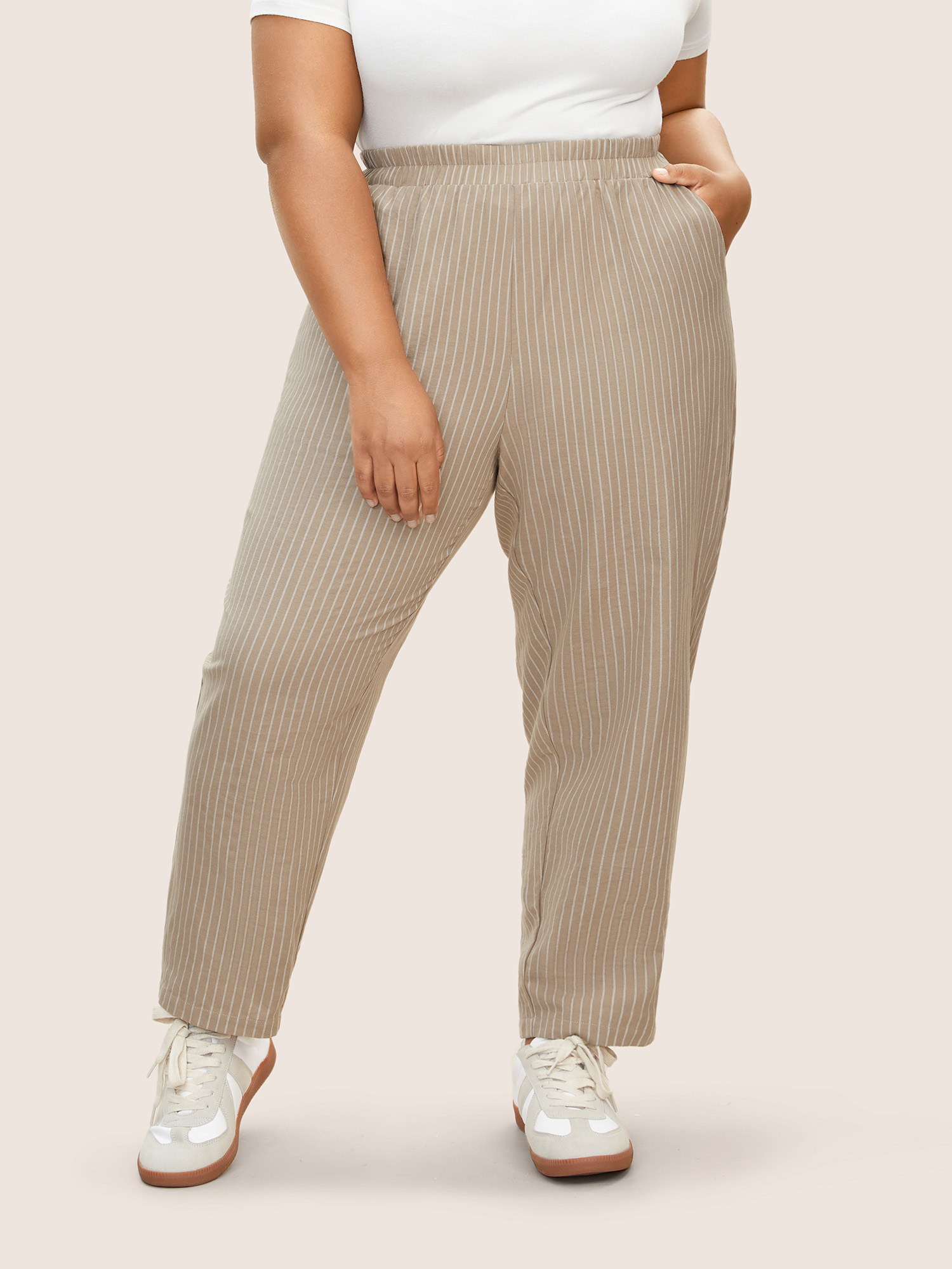 

Plus Size Striped Elastic Waist Slanted Pocket Pants Women Tan Casual Straight Leg High Rise Everyday Pants BloomChic