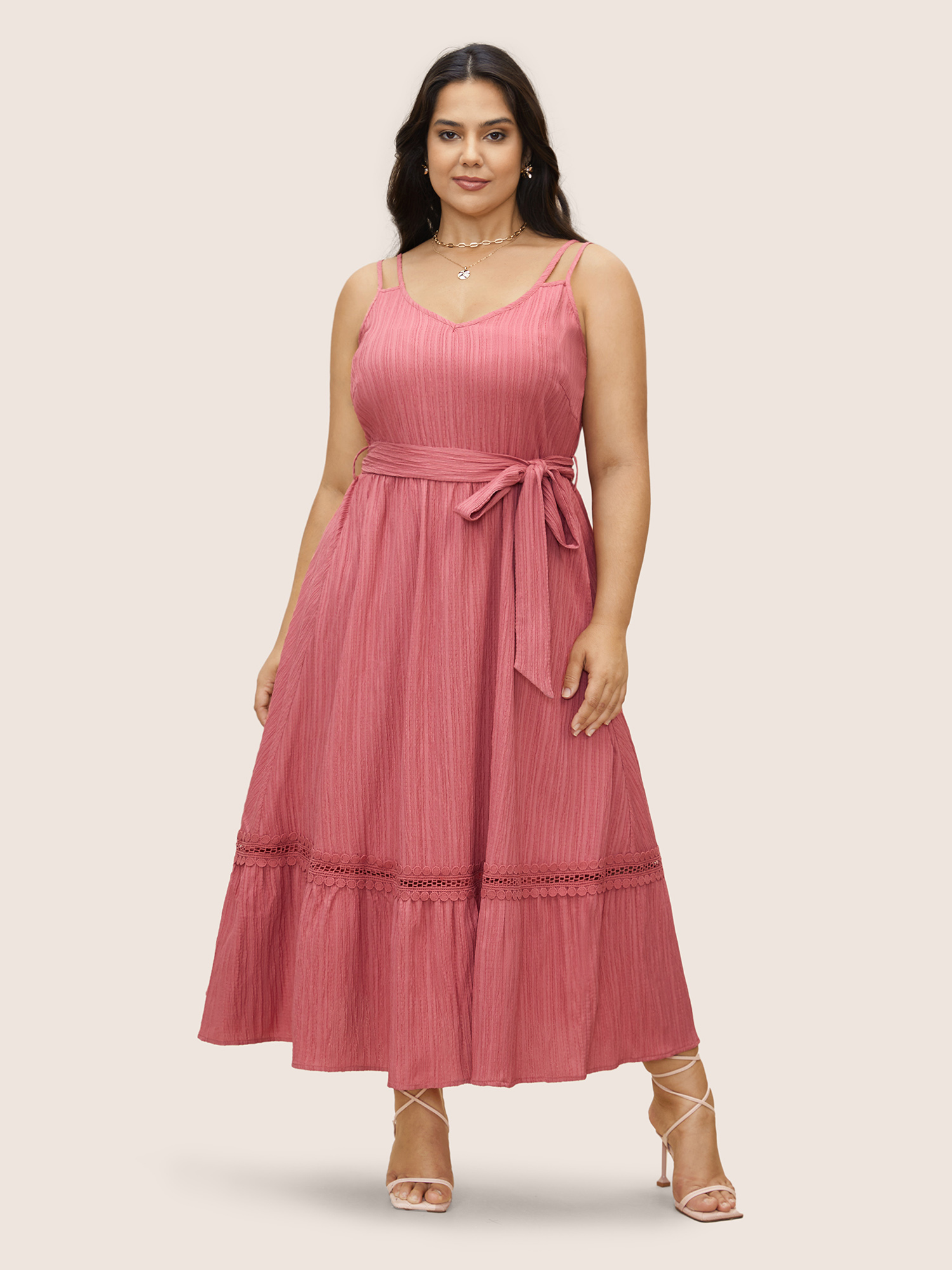 

Plus Size Plain Texture Woven Ribbon Belted Dress Watermelon Women Woven ribbon&lace trim V-neck Sleeveless Curvy BloomChic