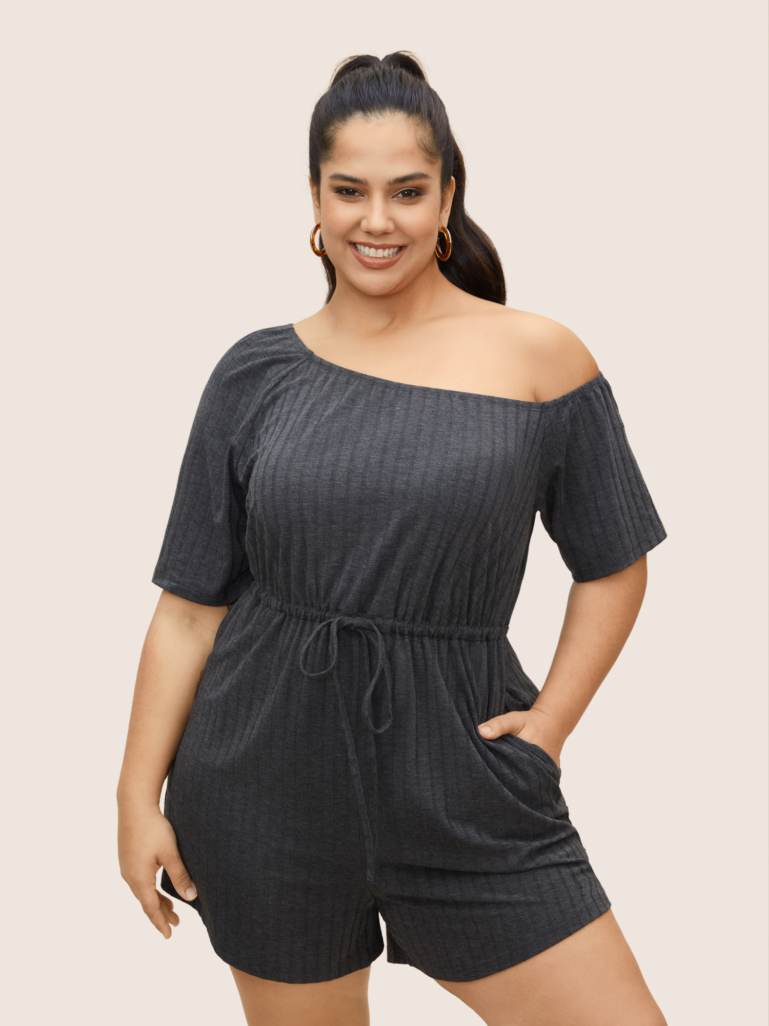 

Plus Size One Shoulder Drawstring Pit Strip Jumpsuit DimGray Side seam pocket Casual Everyday  Rompers Bloomchic