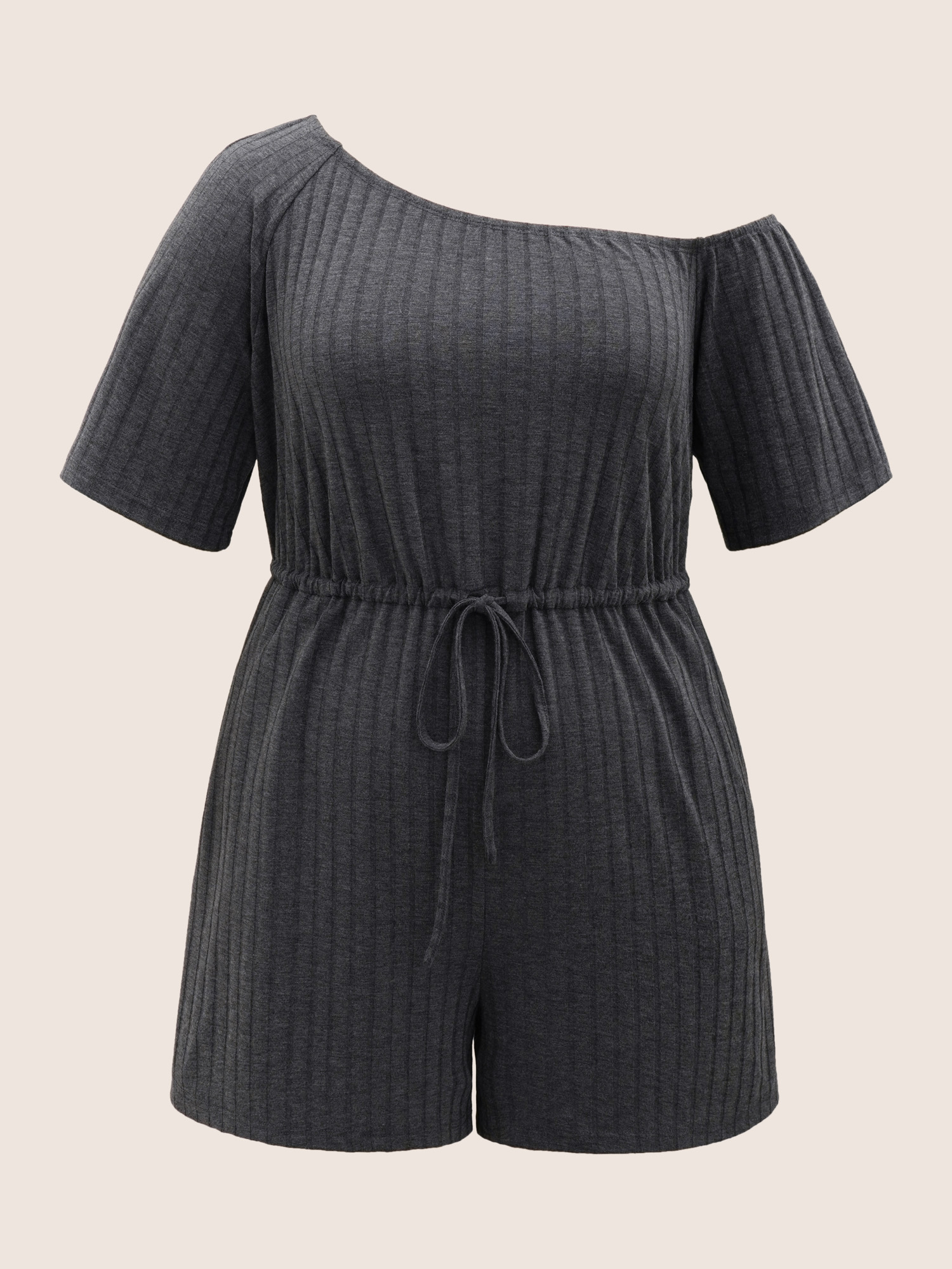 

Plus Size One Shoulder Drawstring Pit Strip Jumpsuit DimGray Side seam pocket Casual Everyday  Rompers Bloomchic