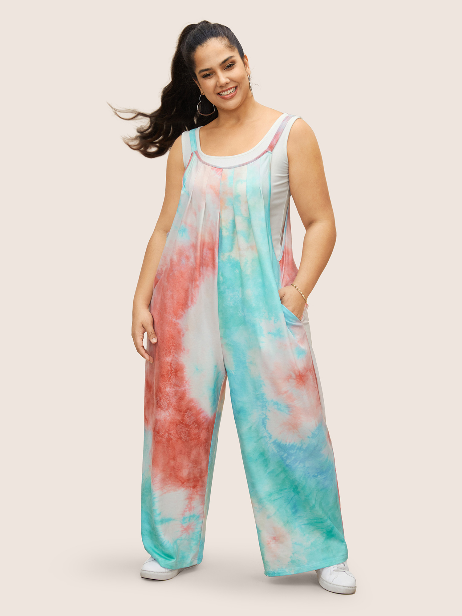 

Plus Size Multicolor U Neck Tie Dye Pocket Pleated Jumpsuit Women Casual Sleeveless U-neck Everyday Loose Jumpsuits BloomChic