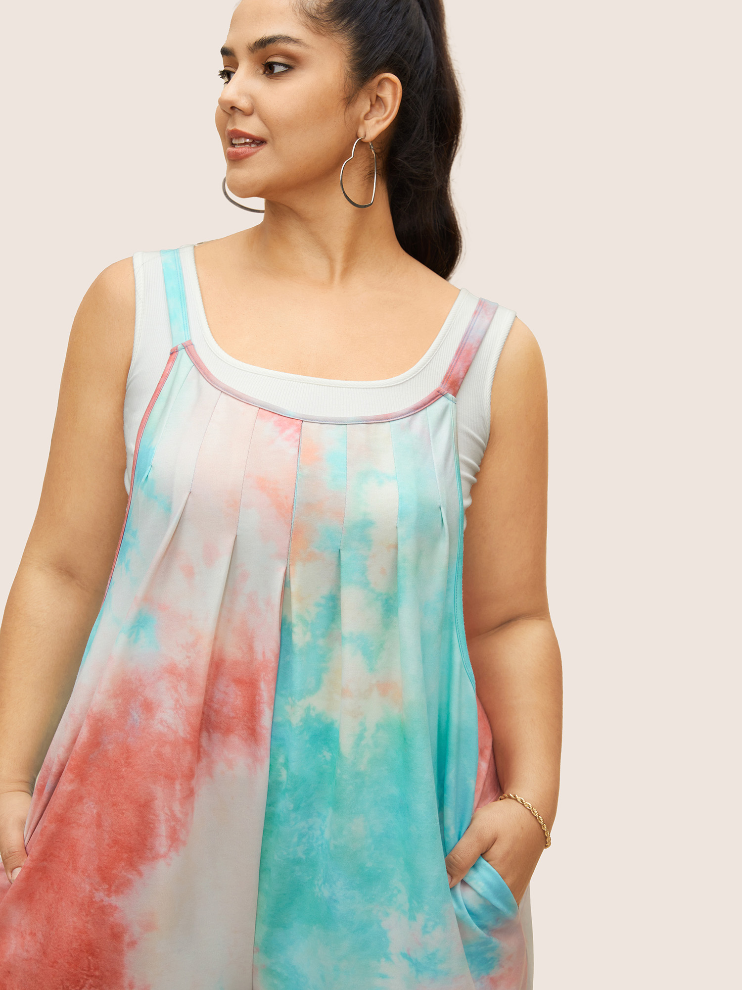 Plus Size Multicolor U Neck Tie Dye Pocket Pleated Jumpsuit Women Casual Sleeveless U-neck Everyday Loose Jumpsuits BloomChic 18-20/2X 