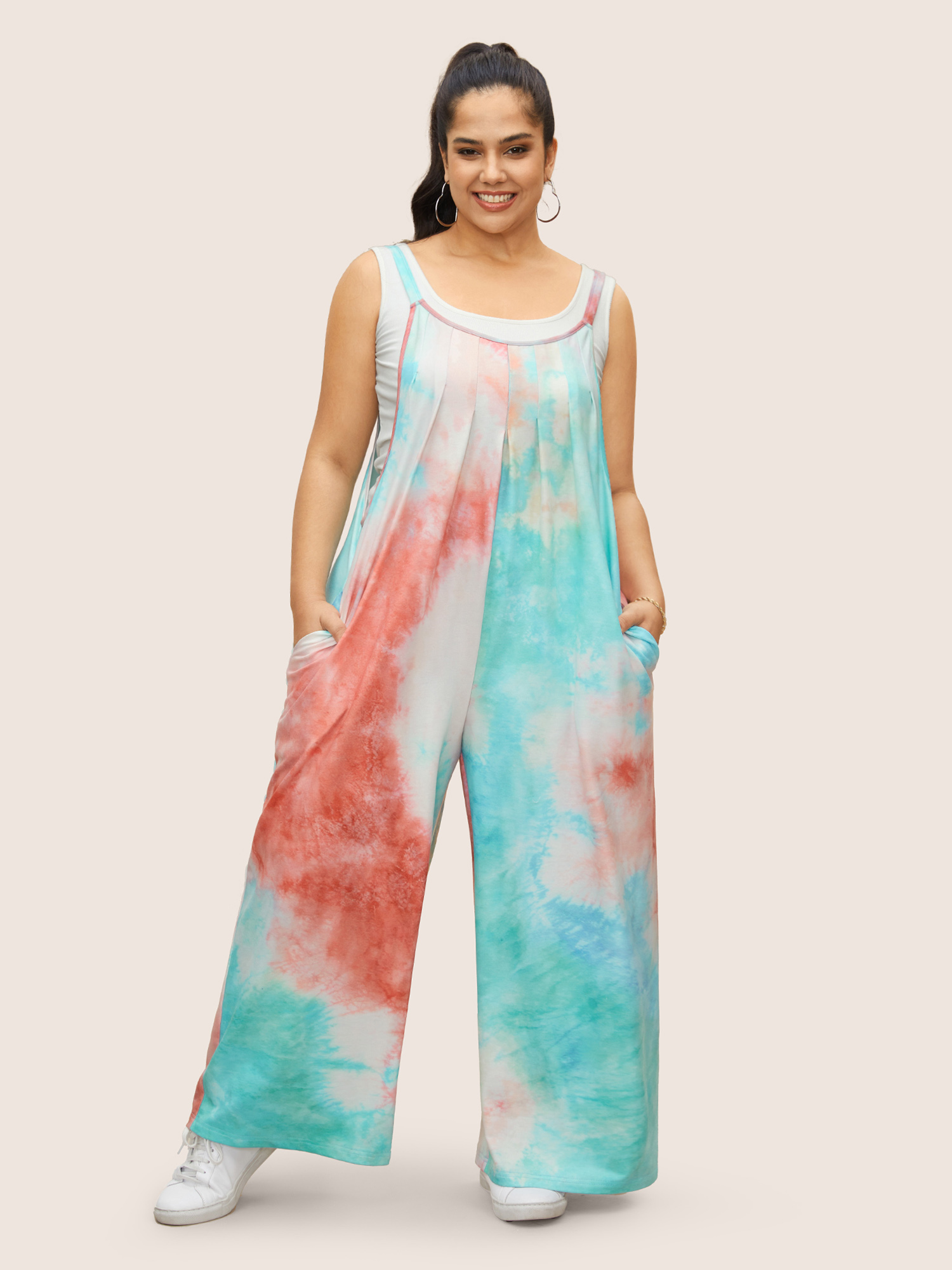 Plus Size Multicolor U Neck Tie Dye Pocket Pleated Jumpsuit Women Casual Sleeveless U-neck Everyday Loose Jumpsuits BloomChic 18-20/2X 