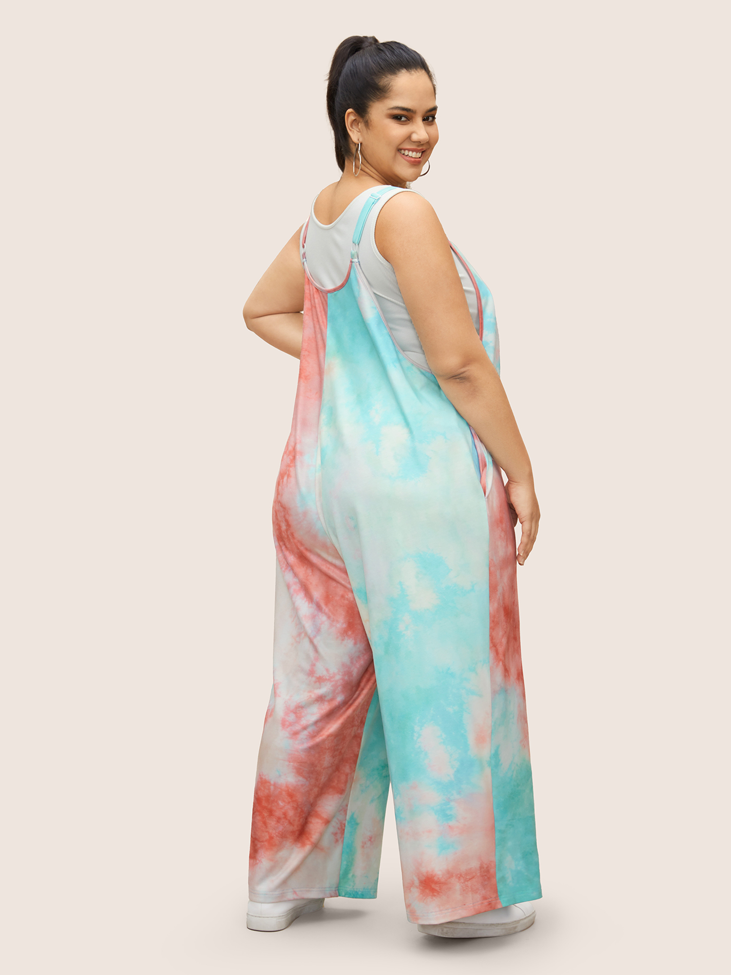 Plus Size Multicolor U Neck Tie Dye Pocket Pleated Jumpsuit Women Casual Sleeveless U-neck Everyday Loose Jumpsuits BloomChic 18-20/2X 