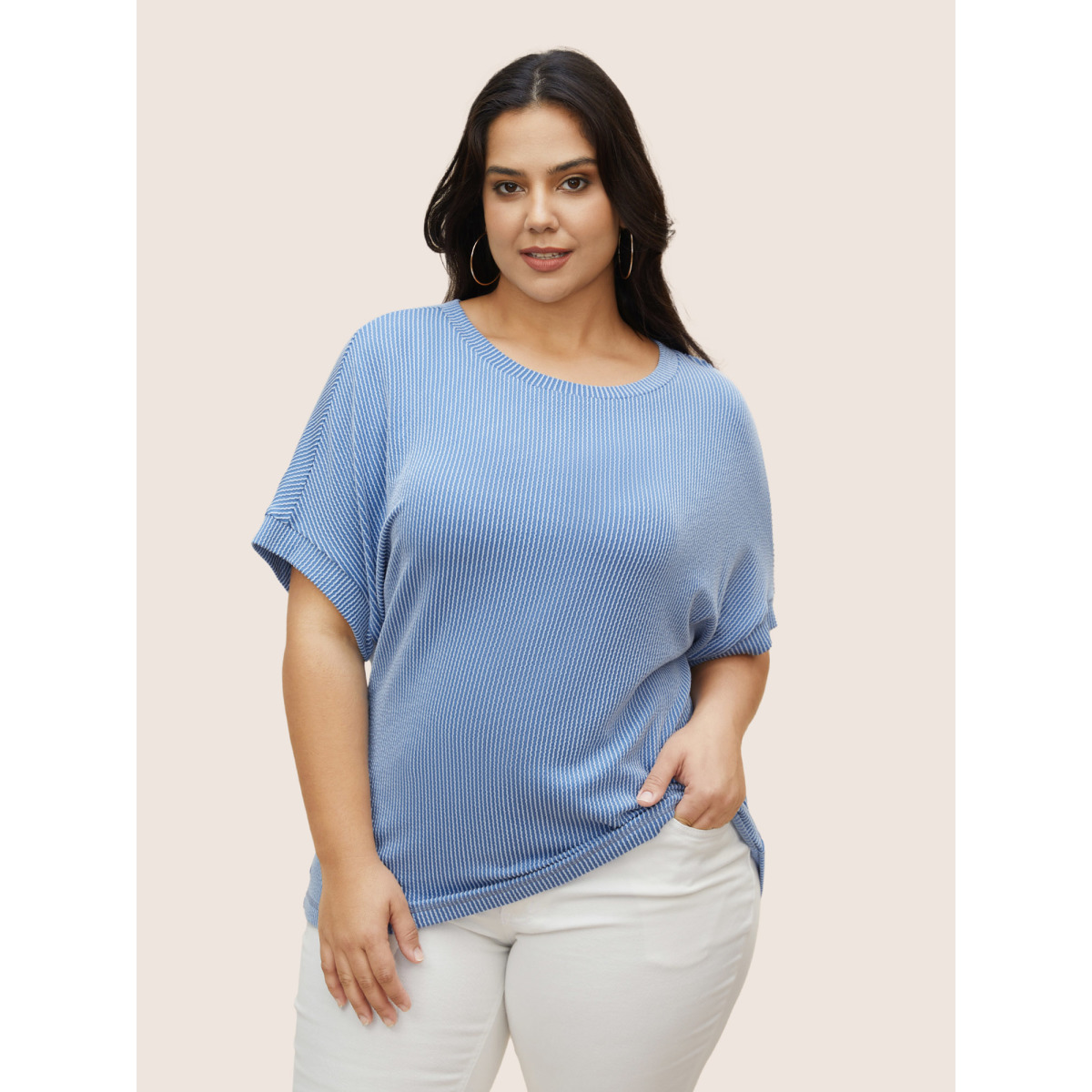 

Plus Size Striped Round Neck Batwing Sleeve T-shirt Blue Women Casual Round Neck Everyday T-shirts BloomChic