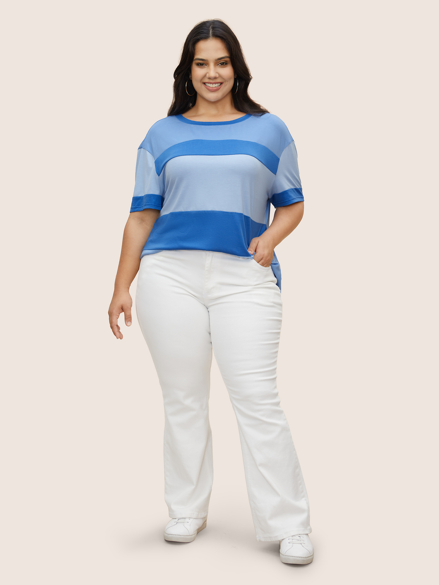 Plus Size Colorblock Contrast Drop Shoulder Sleeve T-shirt LightBlue Women Casual Contrast Round Neck Everyday T-shirts BloomChic 18-20/2X 