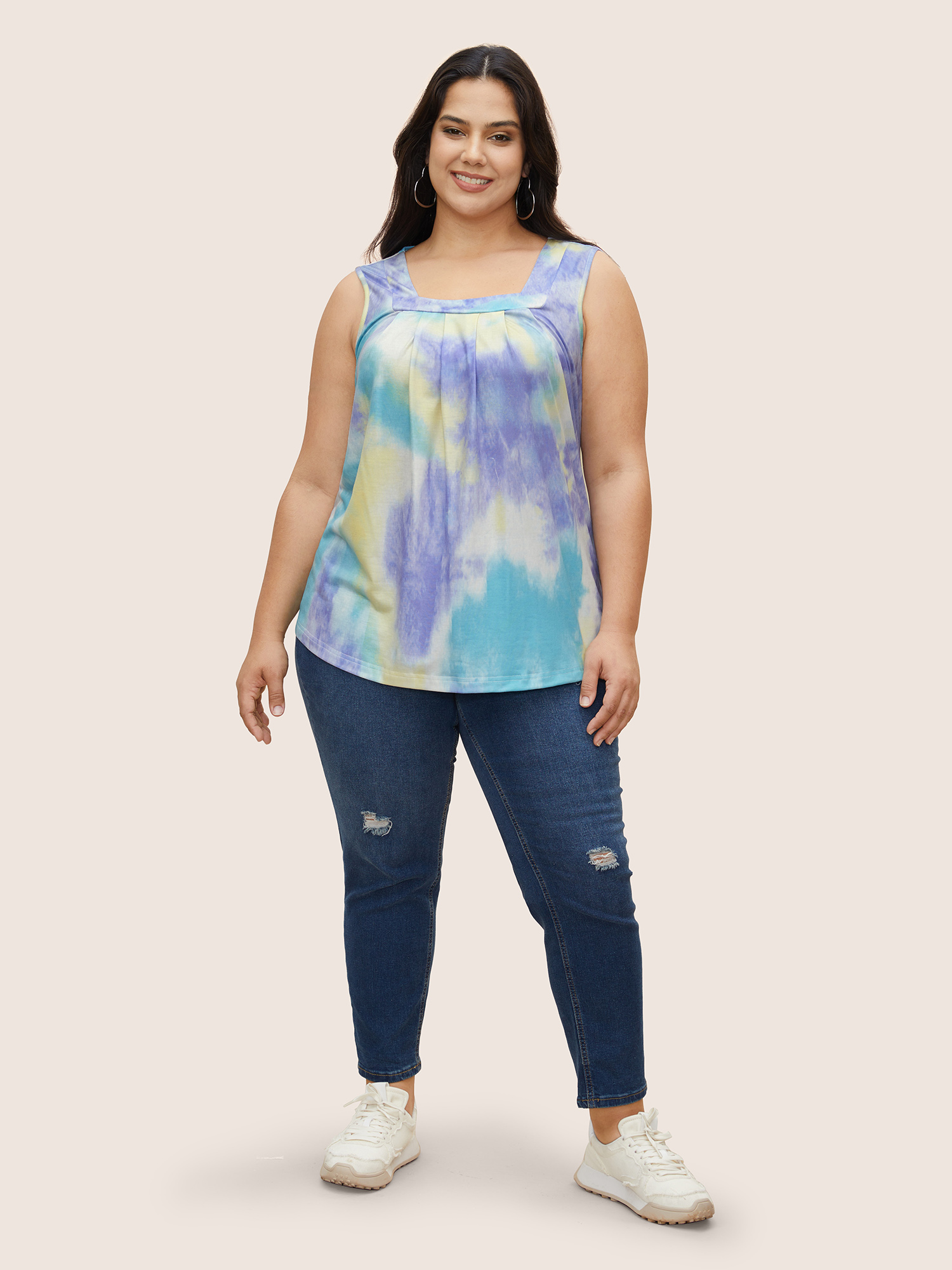 Plus Size Tie Dye U Neck Pleated Tank Top Women Multicolor Casual Contrast U-neck Everyday Tank Tops Camis BloomChic 14-16/1X 