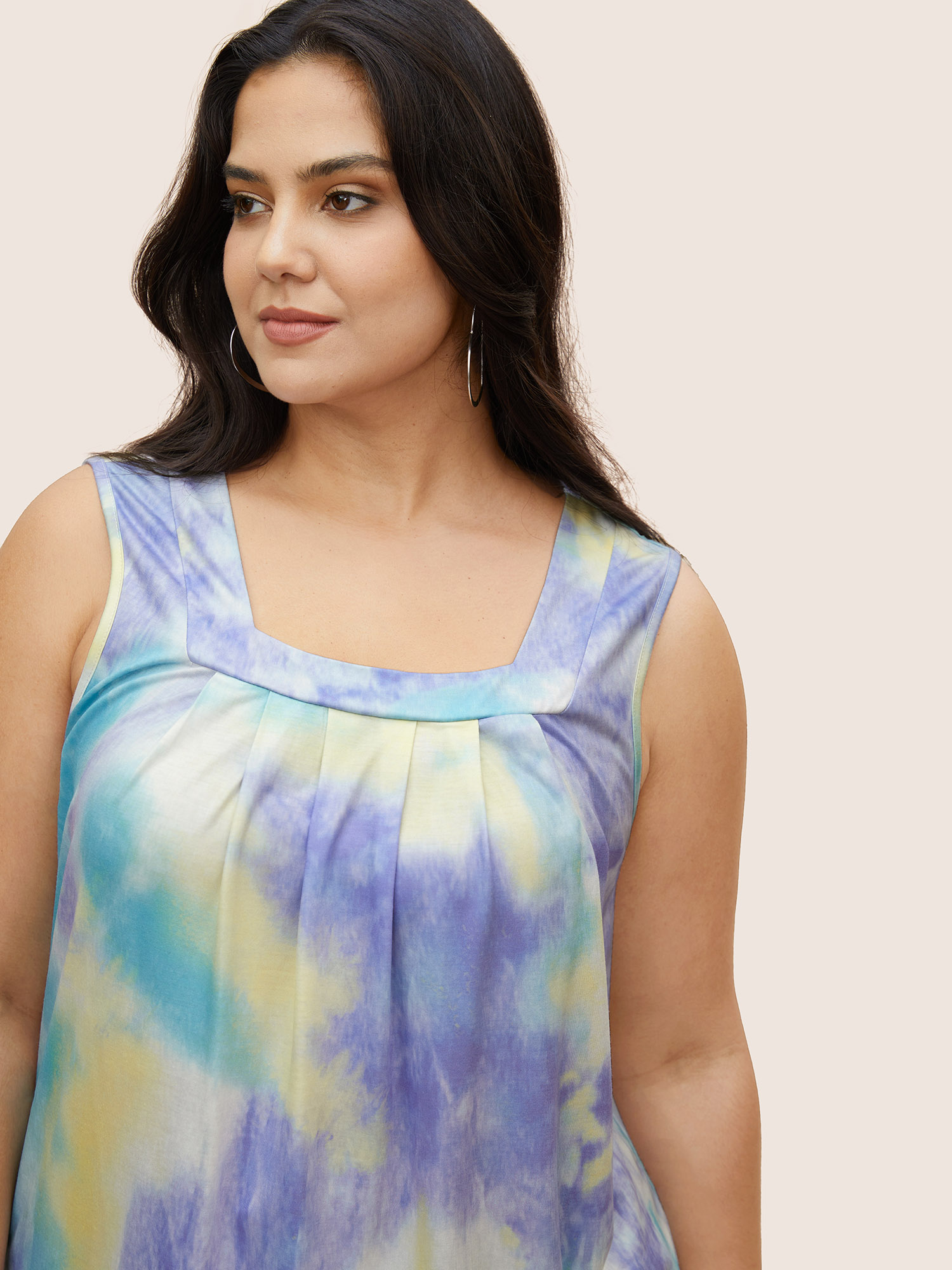 Plus Size Tie Dye U Neck Pleated Tank Top Women Multicolor Casual Contrast U-neck Everyday Tank Tops Camis BloomChic 14-16/1X 