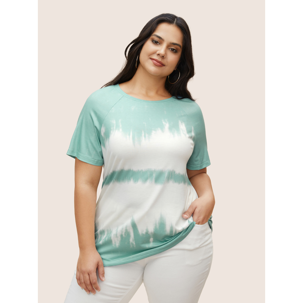 

Plus Size Tie Dye Round Neck Raglan Sleeve T-shirt Mint Women Casual Contrast Round Neck Everyday T-shirts BloomChic