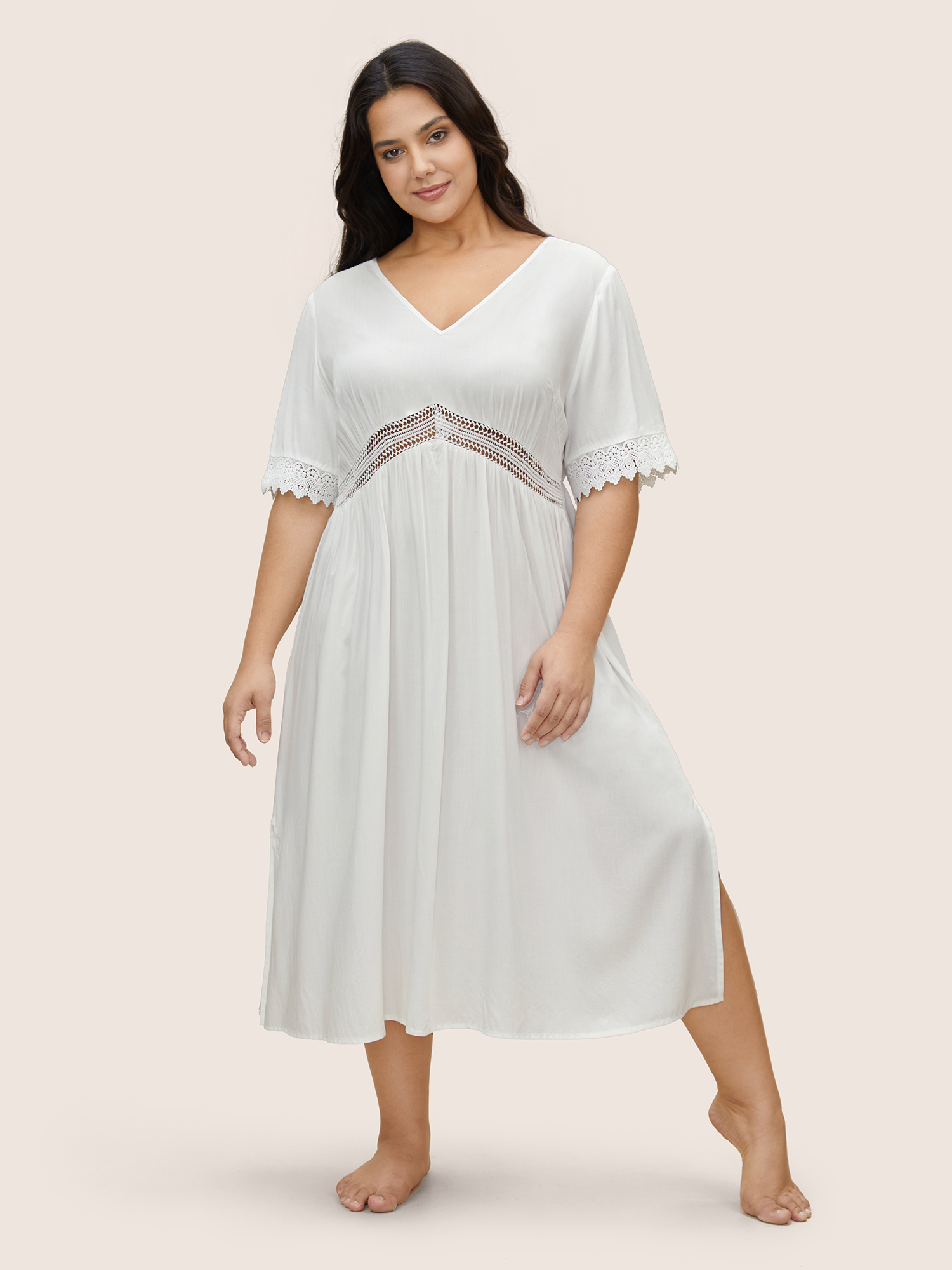 

Plus Size Rayon Crochet Lace Cut Out Sleep Dress White Half Sleeve V-neck Elegant Everyday  Bloomchic