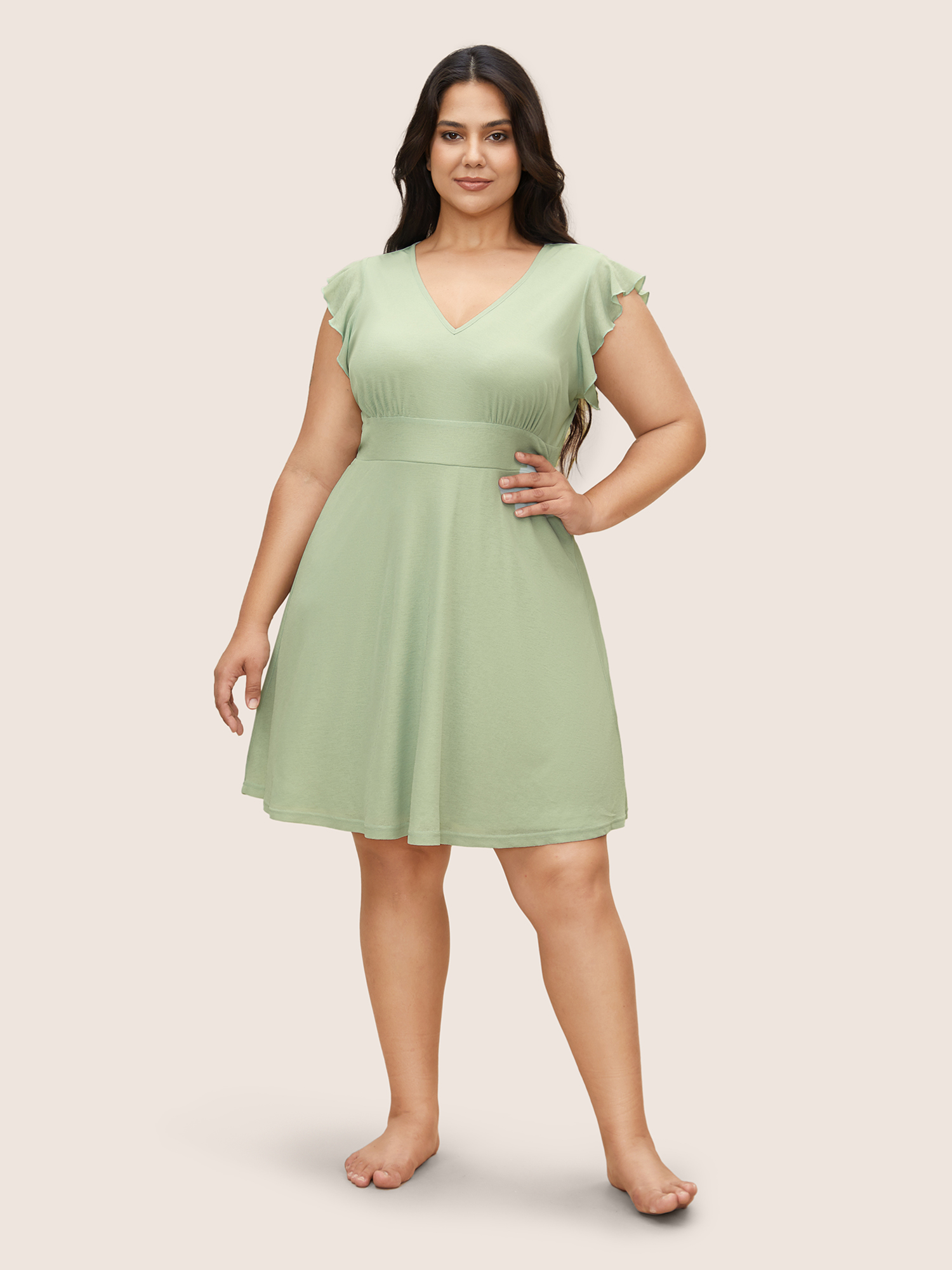 

Plus Size V Neck Solid Ruffle Trim Gathered Sleep Dress LightGreen Sleeveless V-neck Elegant Everyday  Bloomchic