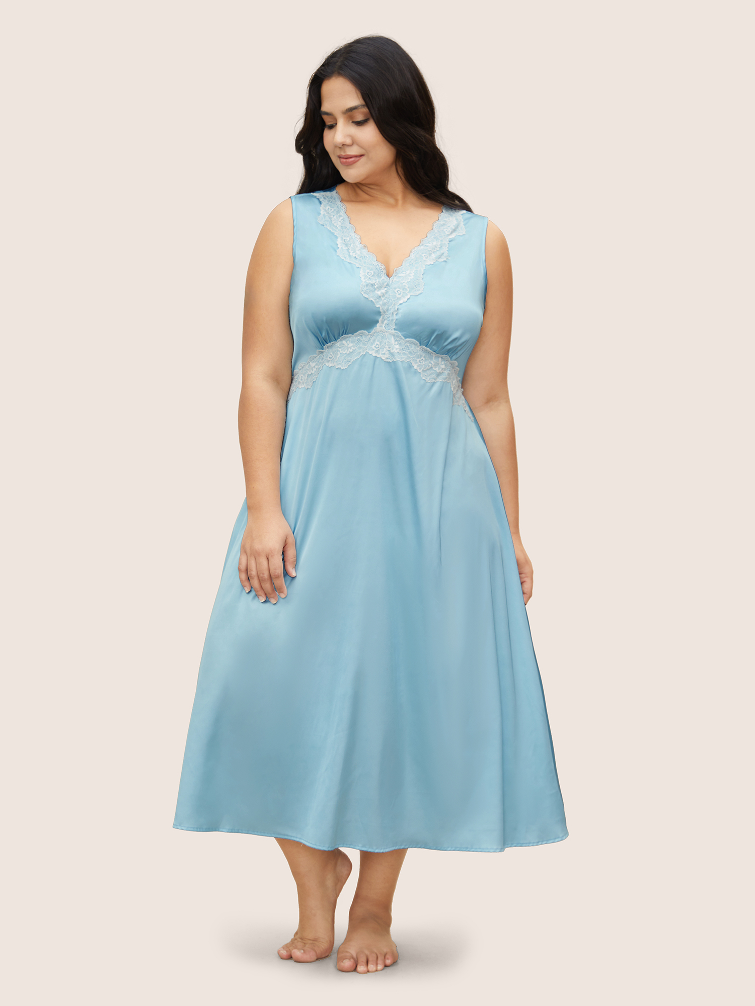 

Plus Size Satin Lace Panel Elastic Waist Sleep Dress Blue Sleeveless V-neck Elegant Everyday  Bloomchic