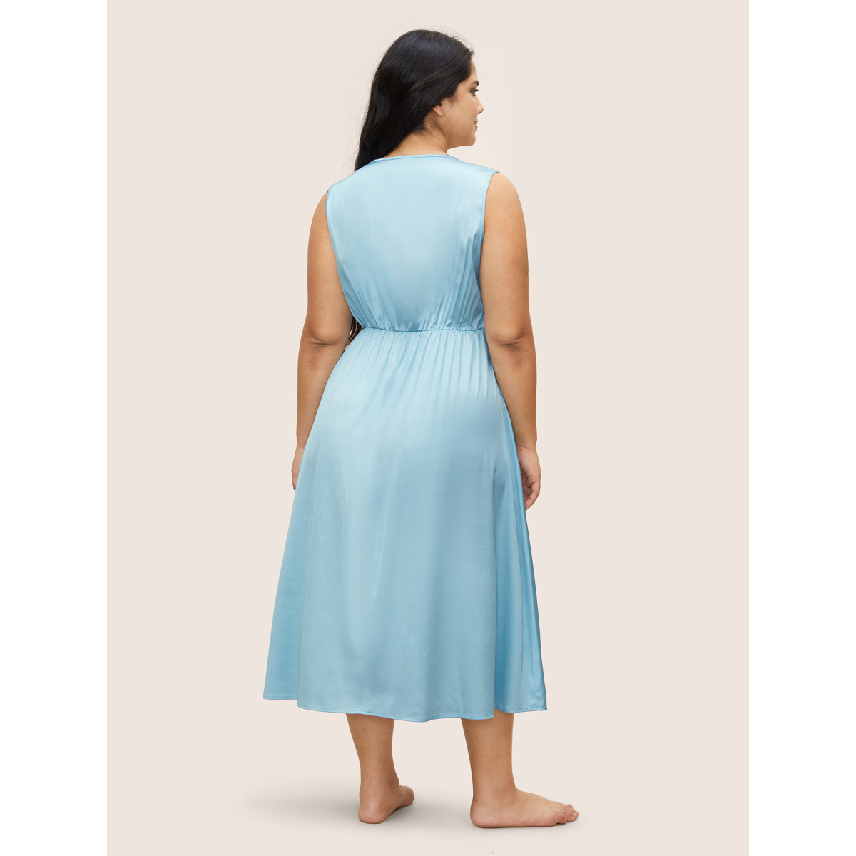 

Plus Size Satin Lace Panel Elastic Waist Sleep Dress Blue Sleeveless V-neck Elegant Everyday  Bloomchic