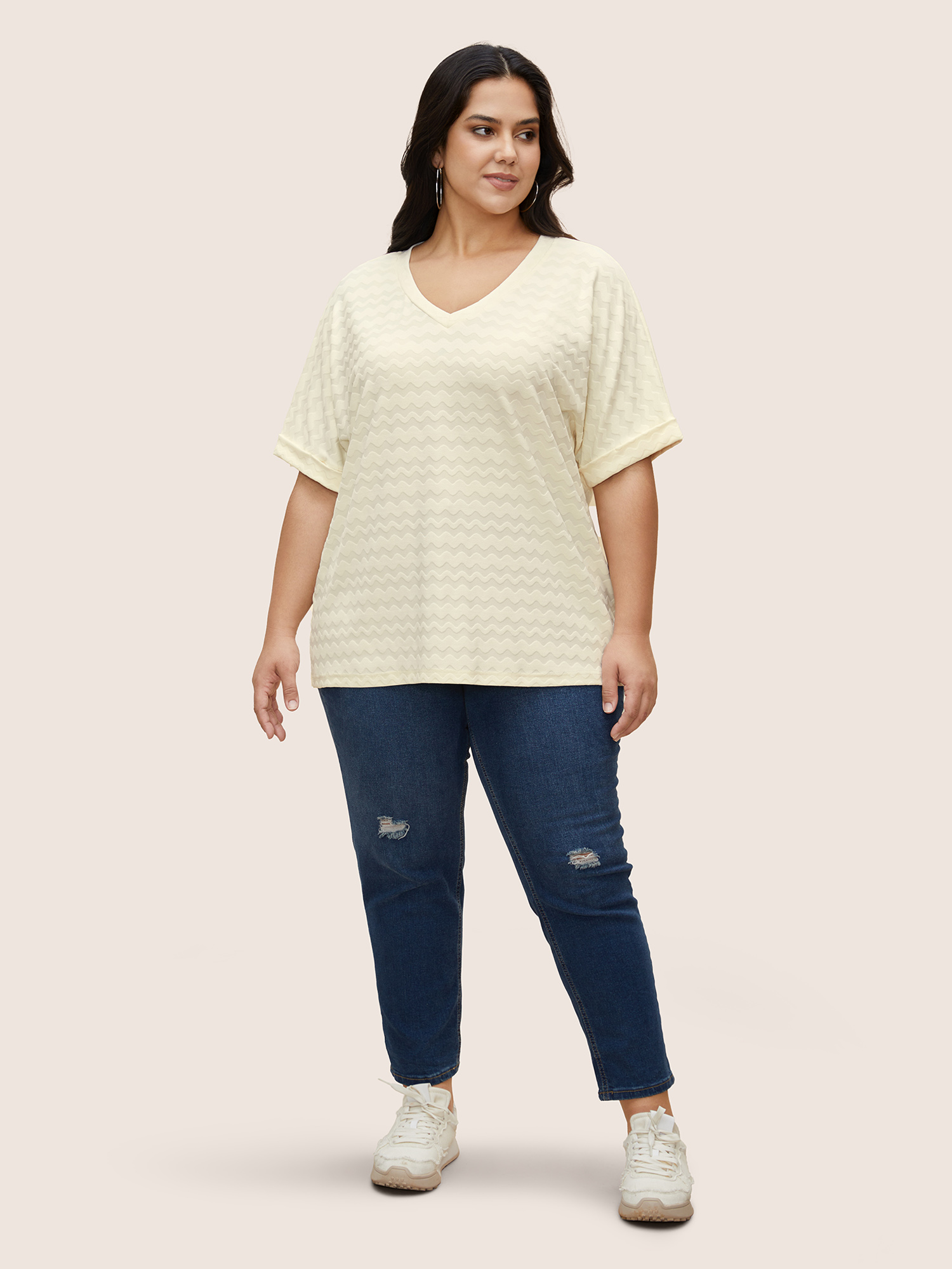 Plus Size V Neck Plain Textured Batwing Sleeve T-shirt Beige Women Casual Texture V-neck Everyday T-shirts BloomChic 18-20/2X 
