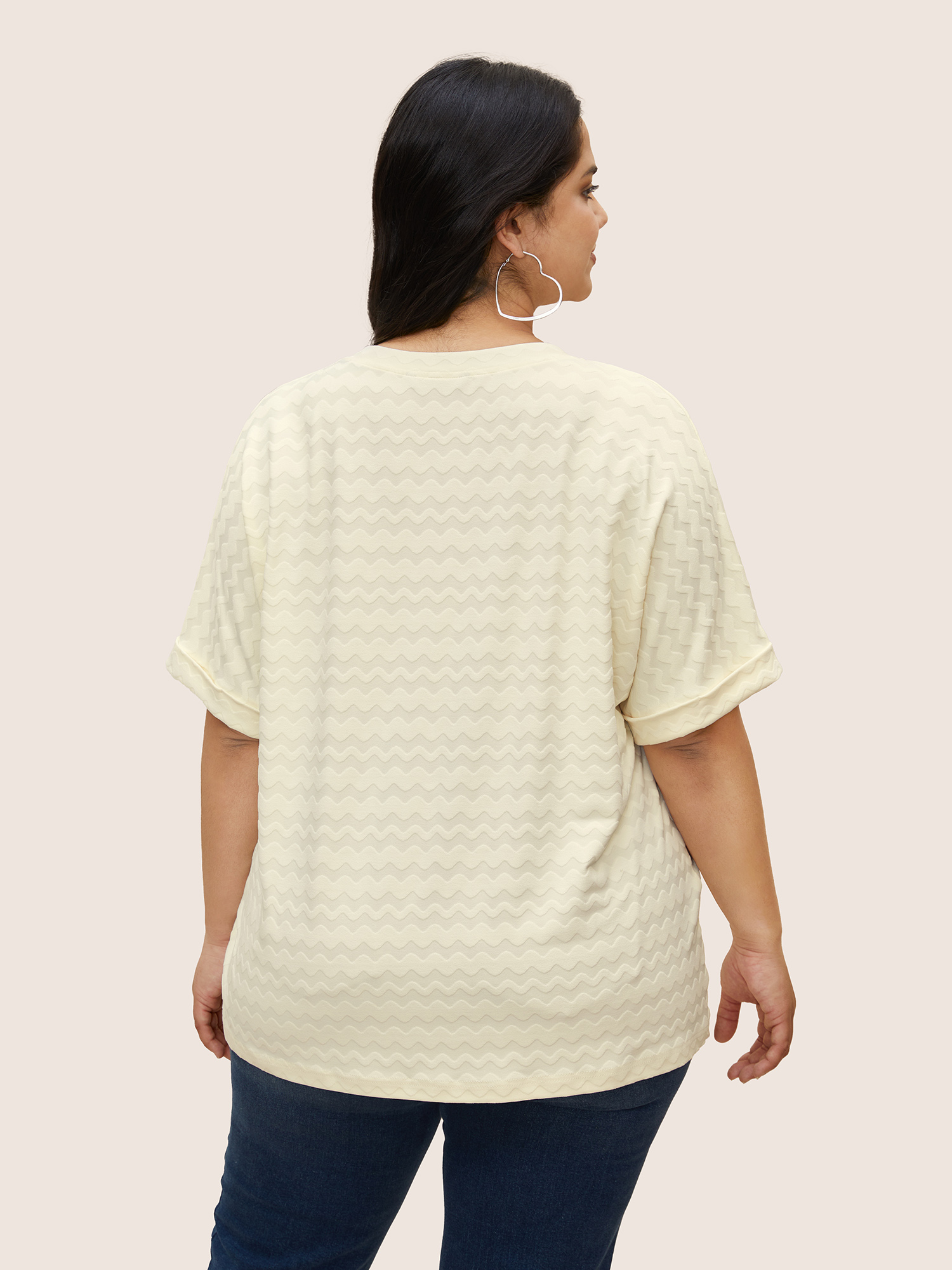 Plus Size V Neck Plain Textured Batwing Sleeve T-shirt Beige Women Casual Texture V-neck Everyday T-shirts BloomChic 18-20/2X 