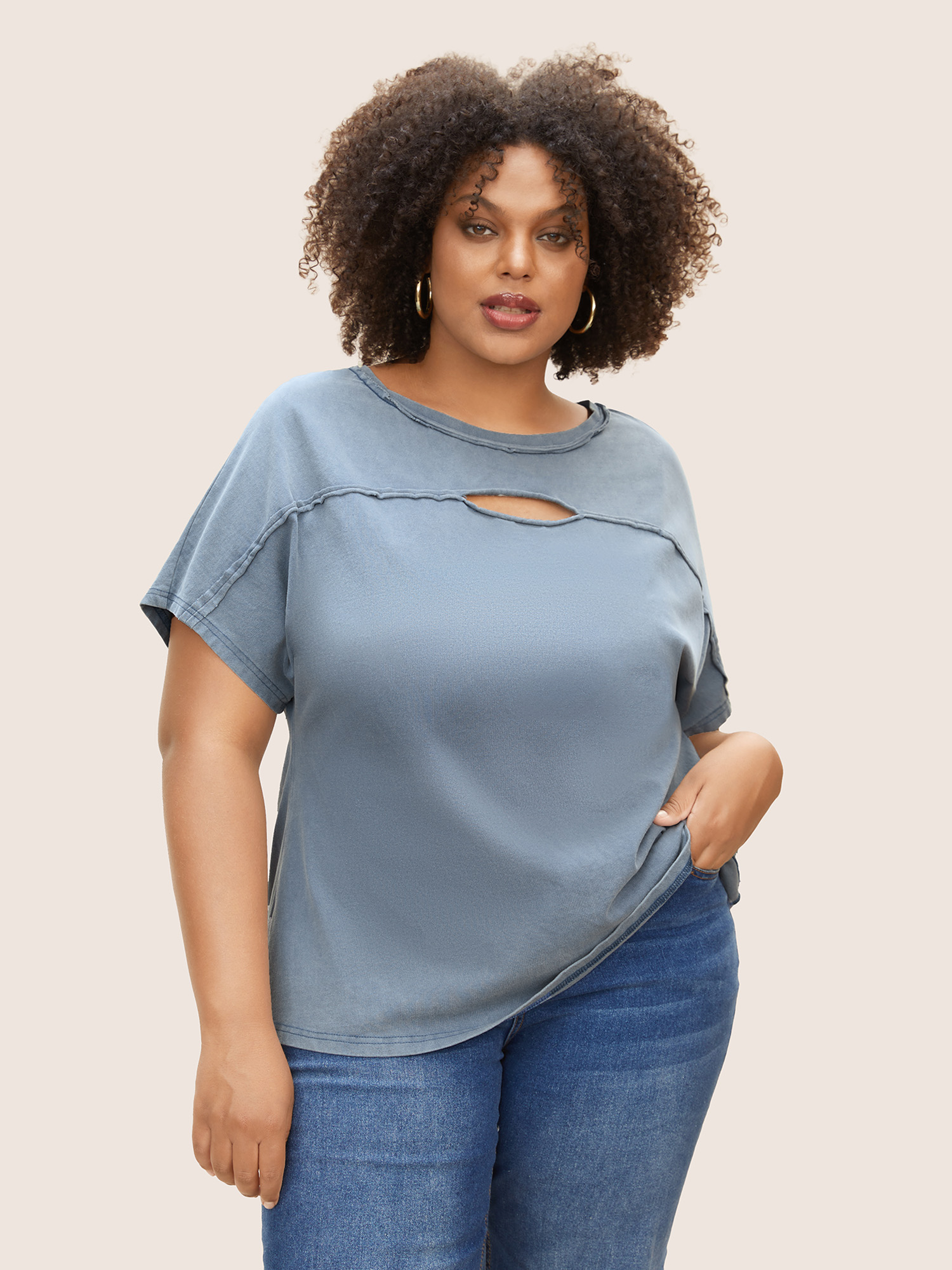 

Plus Size Vintage Cut Out Roll Hem Batwing Sleeve T-shirt Stone Women Casual Roll Hem Round Neck Everyday T-shirts BloomChic