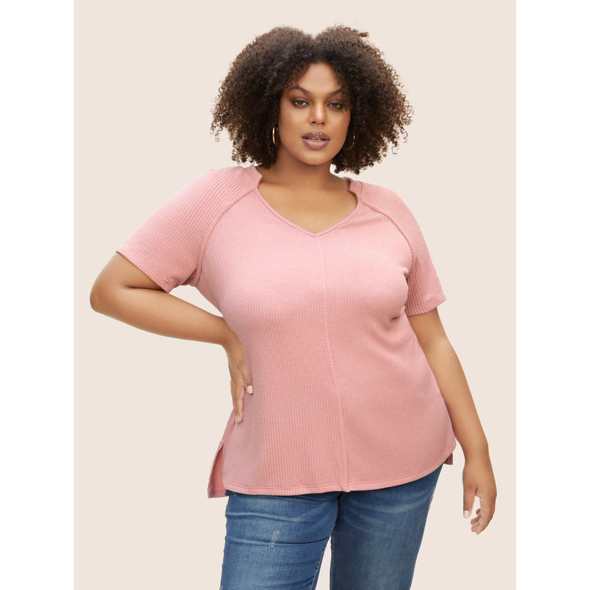 

Plus Size Plain Textured Raglan Sleeve Split Hem T-shirt Pink Women Casual Patchwork V-neck Everyday T-shirts BloomChic