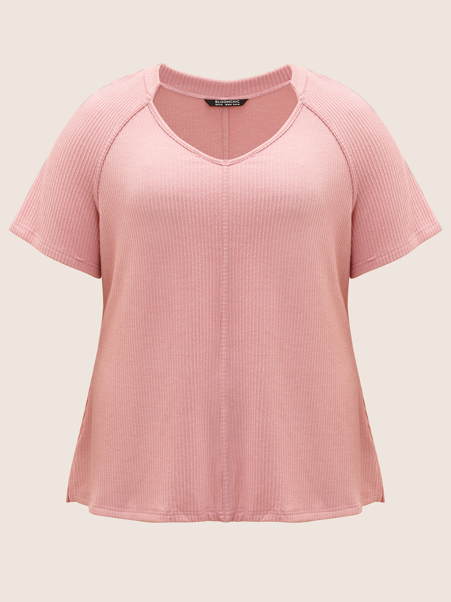 

Plus Size Plain Textured Raglan Sleeve Split Hem T-shirt Pink Women Casual Patchwork V-neck Everyday T-shirts BloomChic