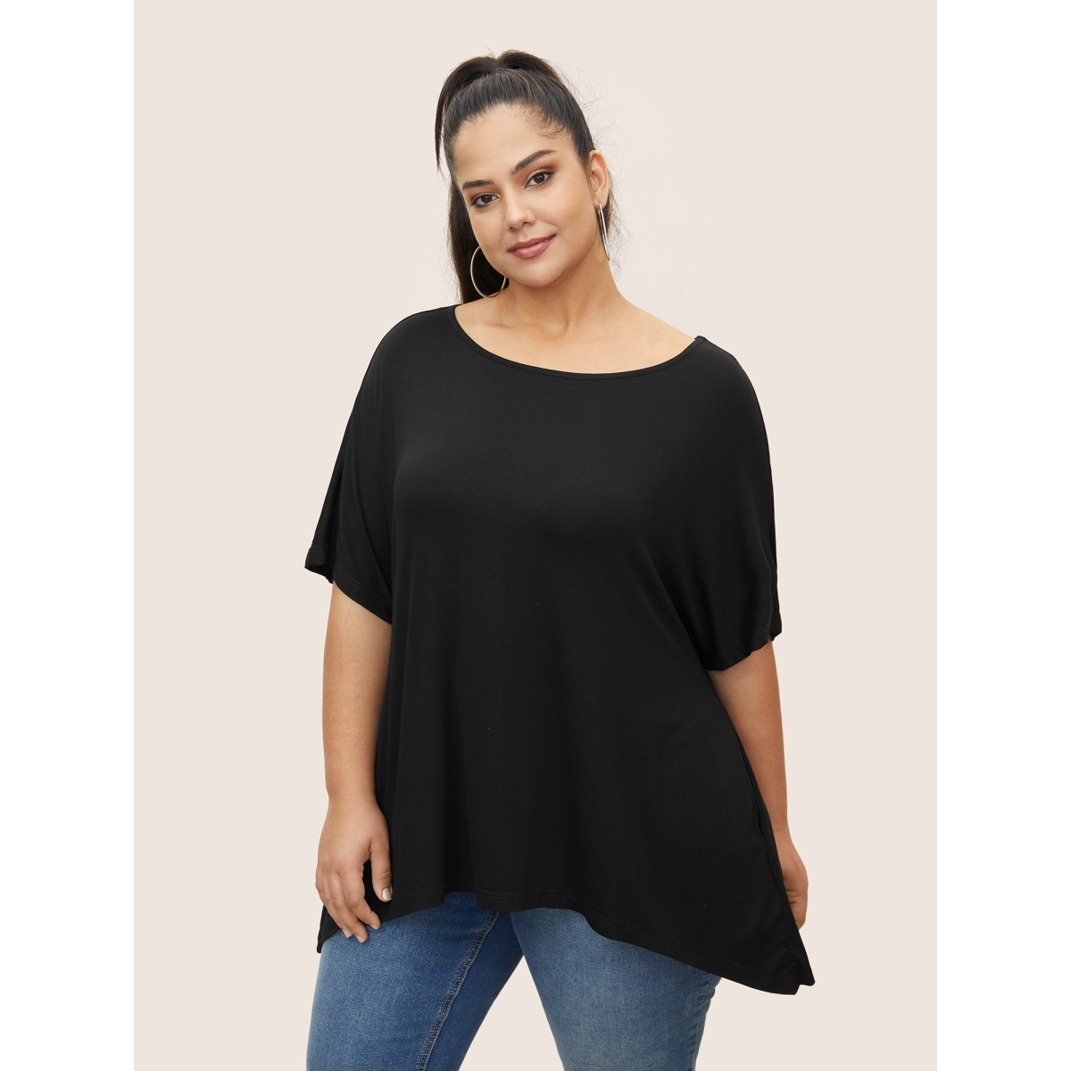 

Plus Size Solid Boat Neck Batwing Sleeve T-shirt Black Women Casual Boat Neck Everyday T-shirts BloomChic