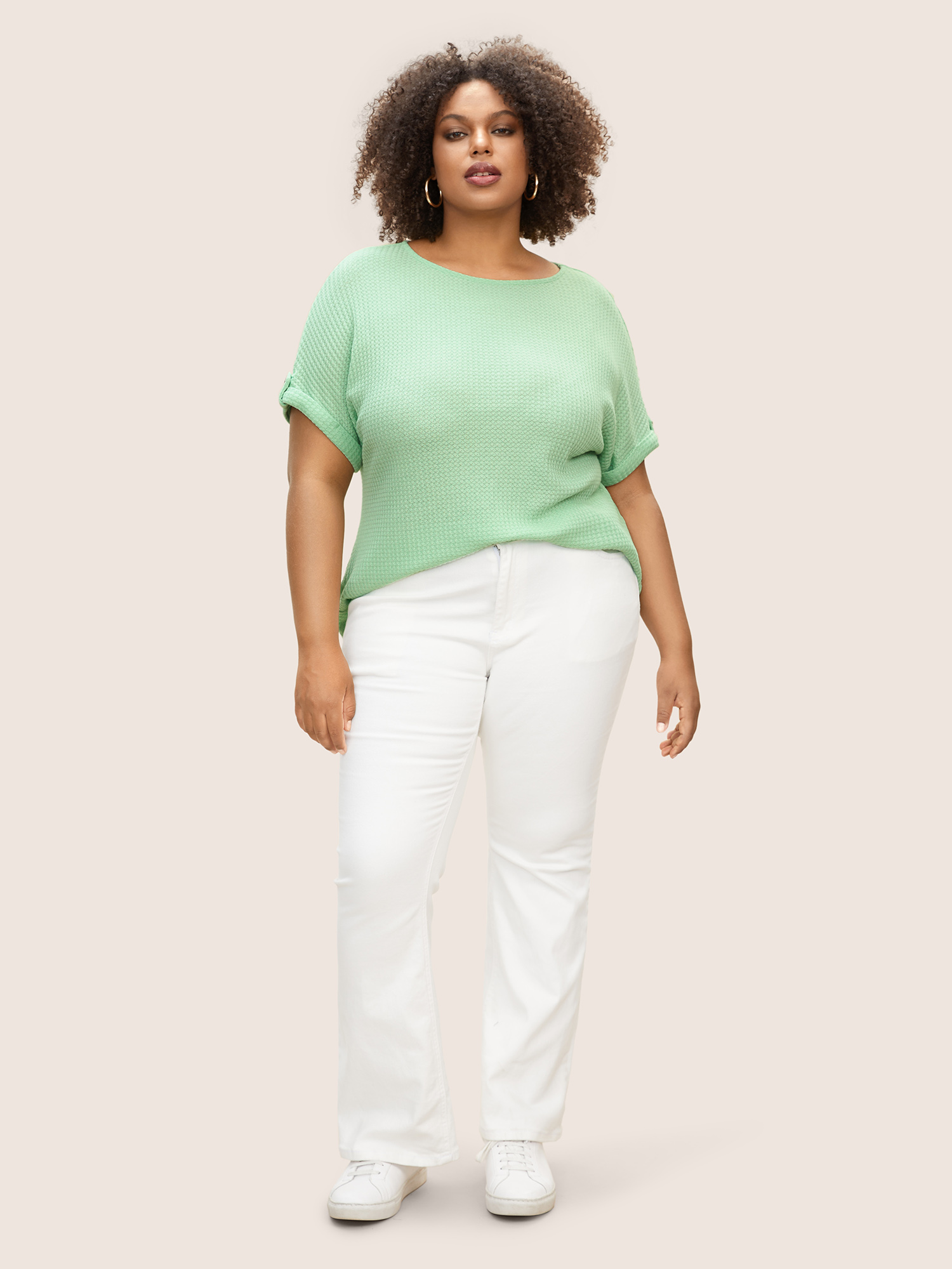 Plus Size Plain Waffle Knit Button Cuff Sleeve T-shirt LightGreen Women Casual Texture Boat Neck Everyday T-shirts BloomChic 28/5X 