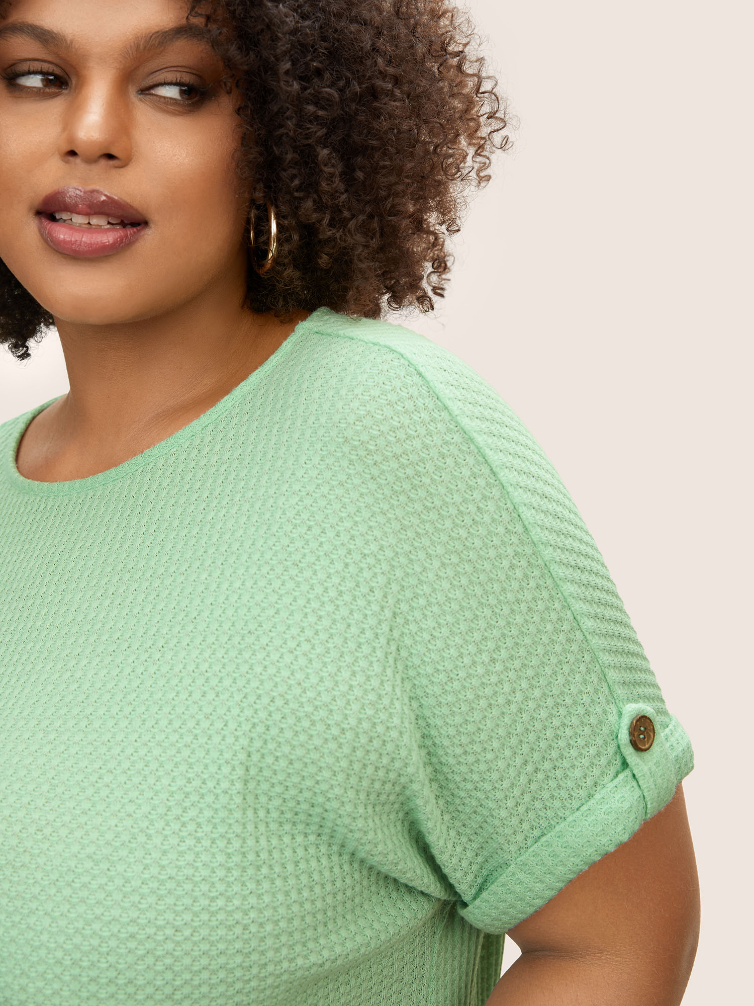 Plus Size Plain Waffle Knit Button Cuff Sleeve T-shirt LightGreen Women Casual Texture Boat Neck Everyday T-shirts BloomChic 28/5X 