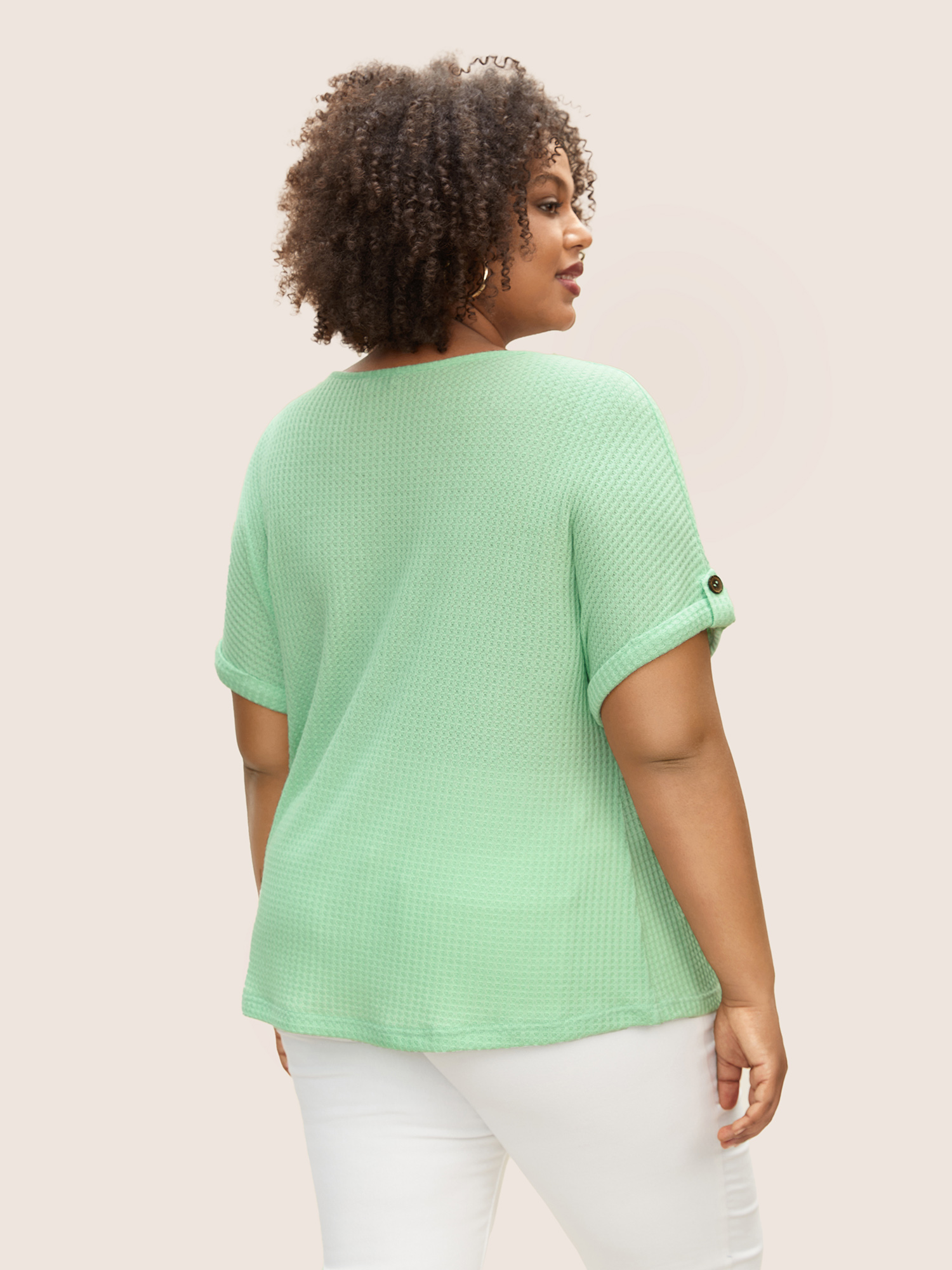 

Plus Size Plain Waffle Knit Button Cuff Sleeve T-shirt LightGreen Women Casual Texture Boat Neck Everyday T-shirts BloomChic
