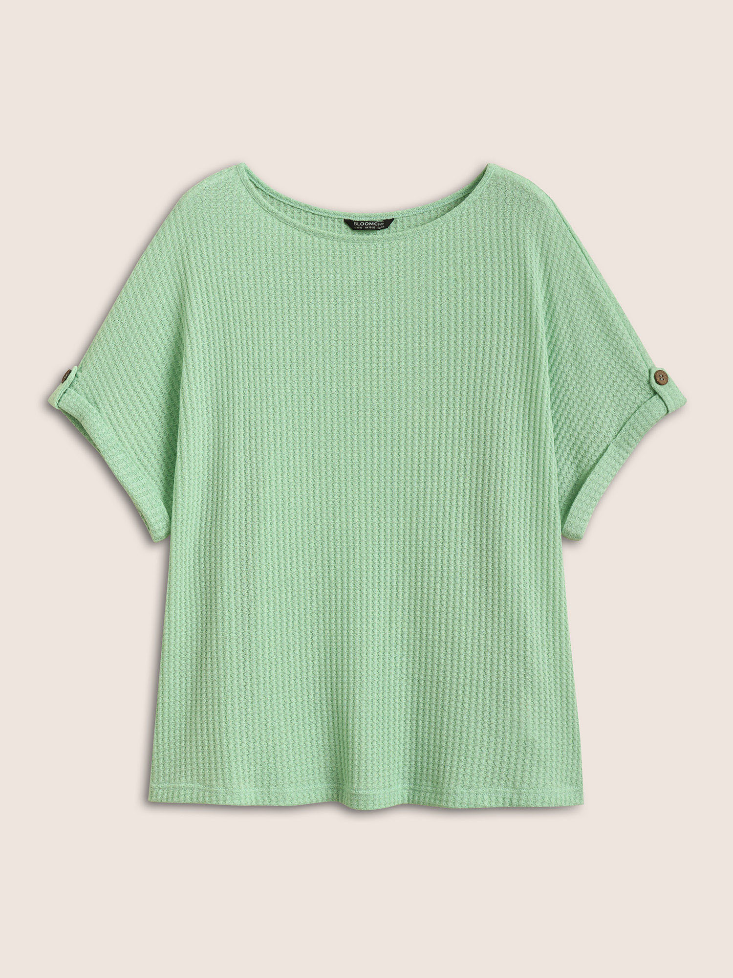 Plus Size Plain Waffle Knit Button Cuff Sleeve T-shirt LightGreen Women Casual Texture Boat Neck Everyday T-shirts BloomChic 28/5X 