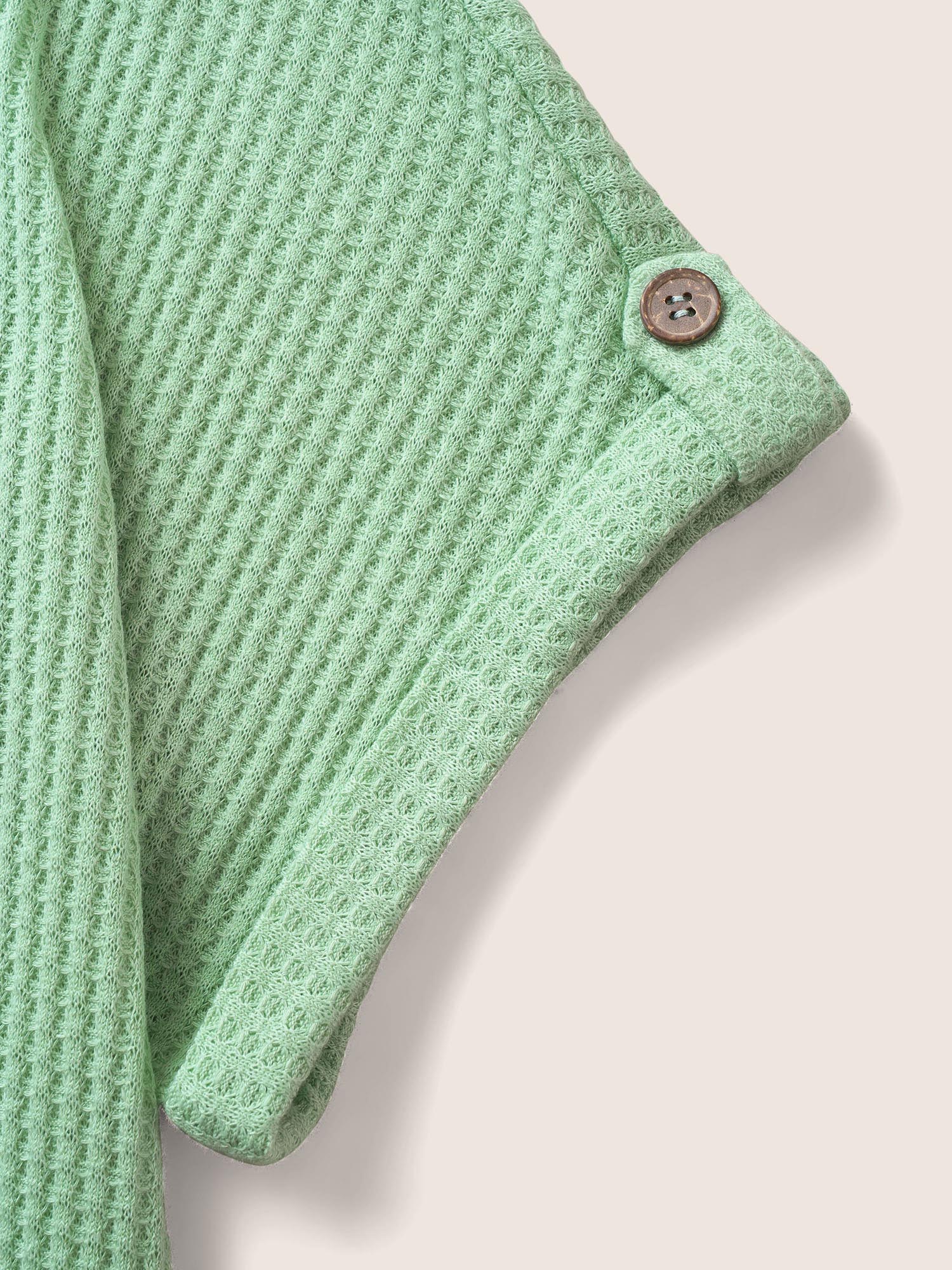 Plus Size Plain Waffle Knit Button Cuff Sleeve T-shirt LightGreen Women Casual Texture Boat Neck Everyday T-shirts BloomChic 28/5X 