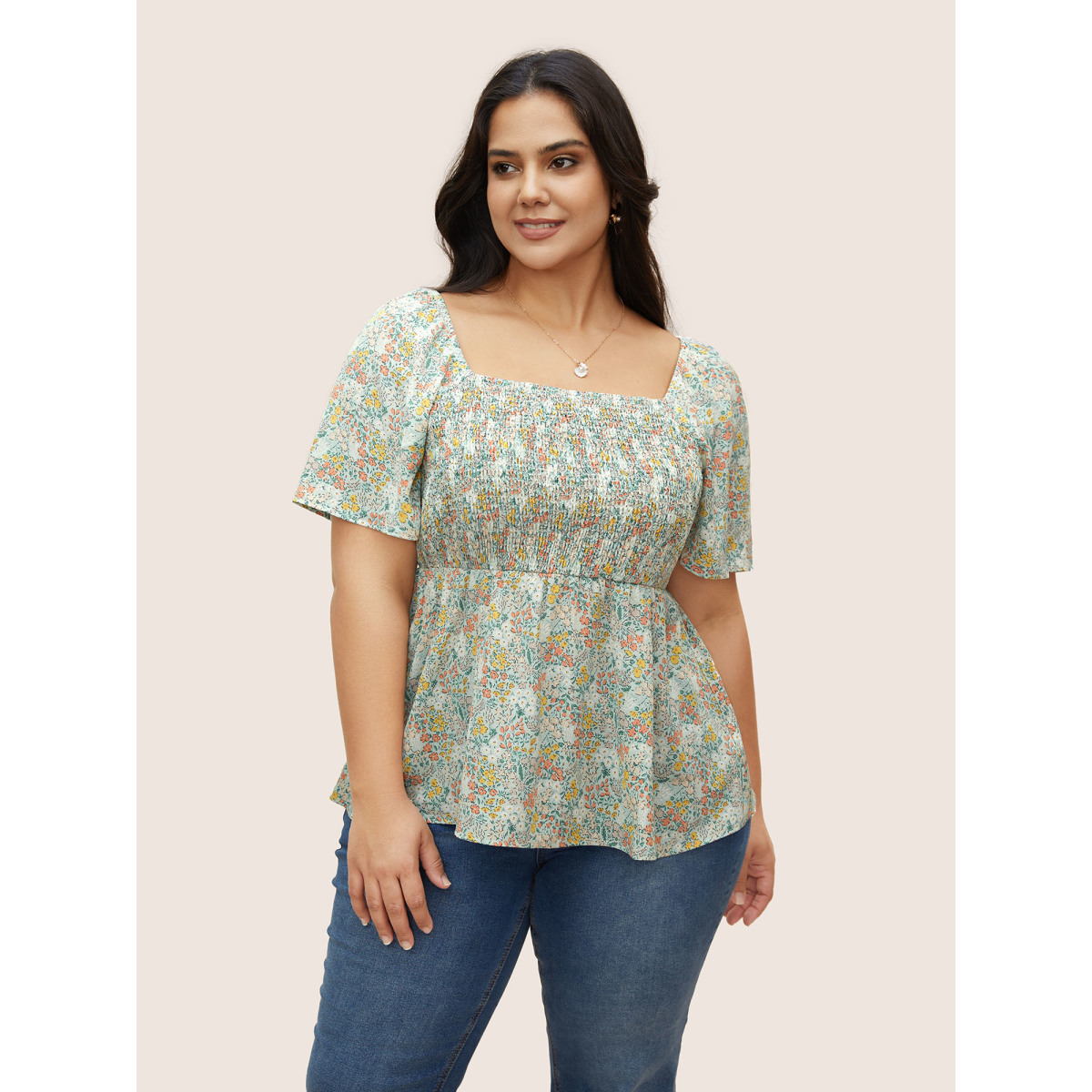

Plus Size Multicolor Square Neck Ditsy Floral Shirred Blouse Women Elegant Short sleeve Square Neck Everyday Blouses BloomChic