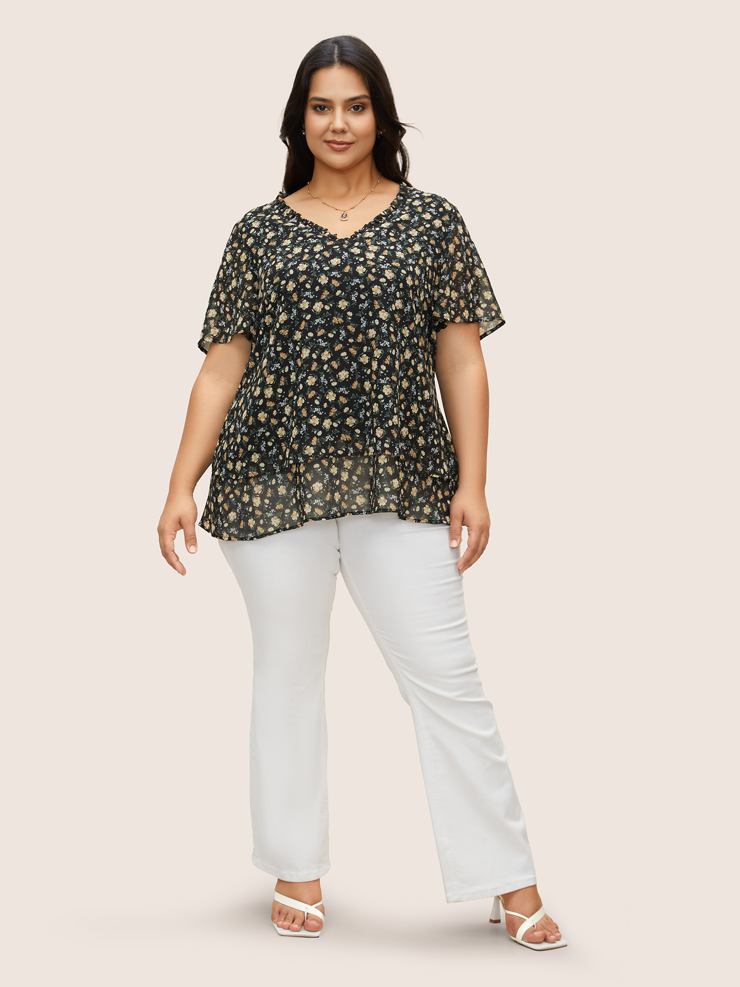 Plus Size BlackFlower Ditsy Floral Flutter Sleeve See Through Blouse Women Elegant Short sleeve V-neck Everyday Blouses BloomChic 26/4X 
