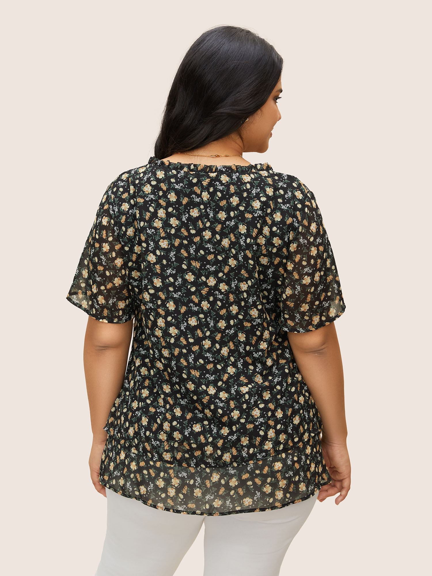 Plus Size BlackFlower Ditsy Floral Flutter Sleeve See Through Blouse Women Elegant Short sleeve V-neck Everyday Blouses BloomChic 26/4X 