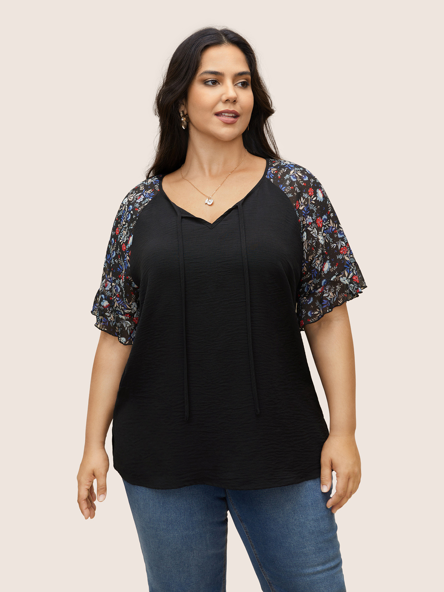 

Plus Size Black Ditsy Floral Ruffles Raglan Sleeve Blouse Women Elegant Short sleeve Round Neck Everyday Blouses BloomChic