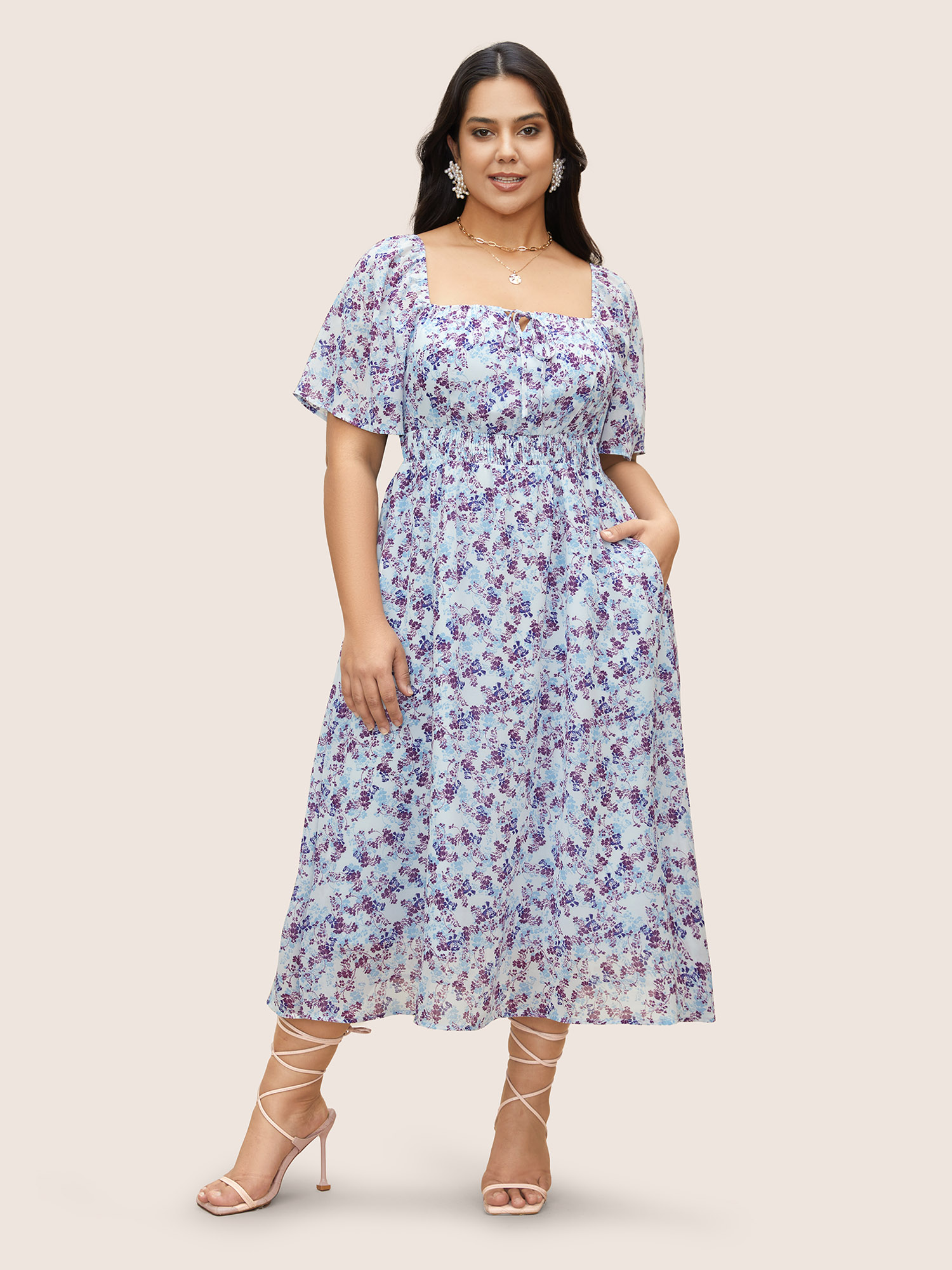 Plus Size Chiffon Ditsy Floral Tie Knot Raglan Sleeve Dress Purple Women Tie knot Square Neck Cap Sleeve Curvy BloomChic 30/6X 