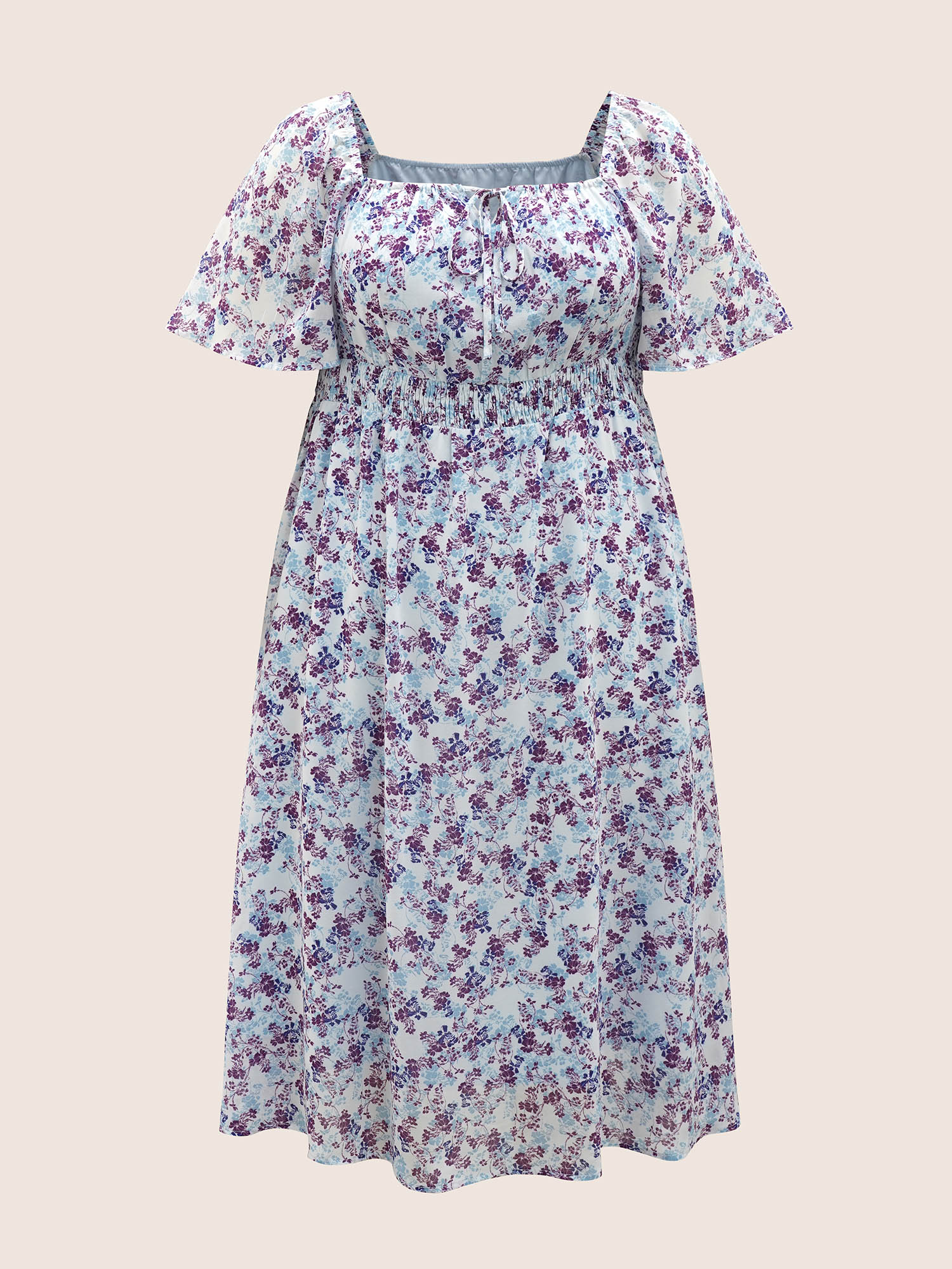 Plus Size Chiffon Ditsy Floral Tie Knot Raglan Sleeve Dress Purple Women Tie knot Square Neck Cap Sleeve Curvy BloomChic 30/6X 