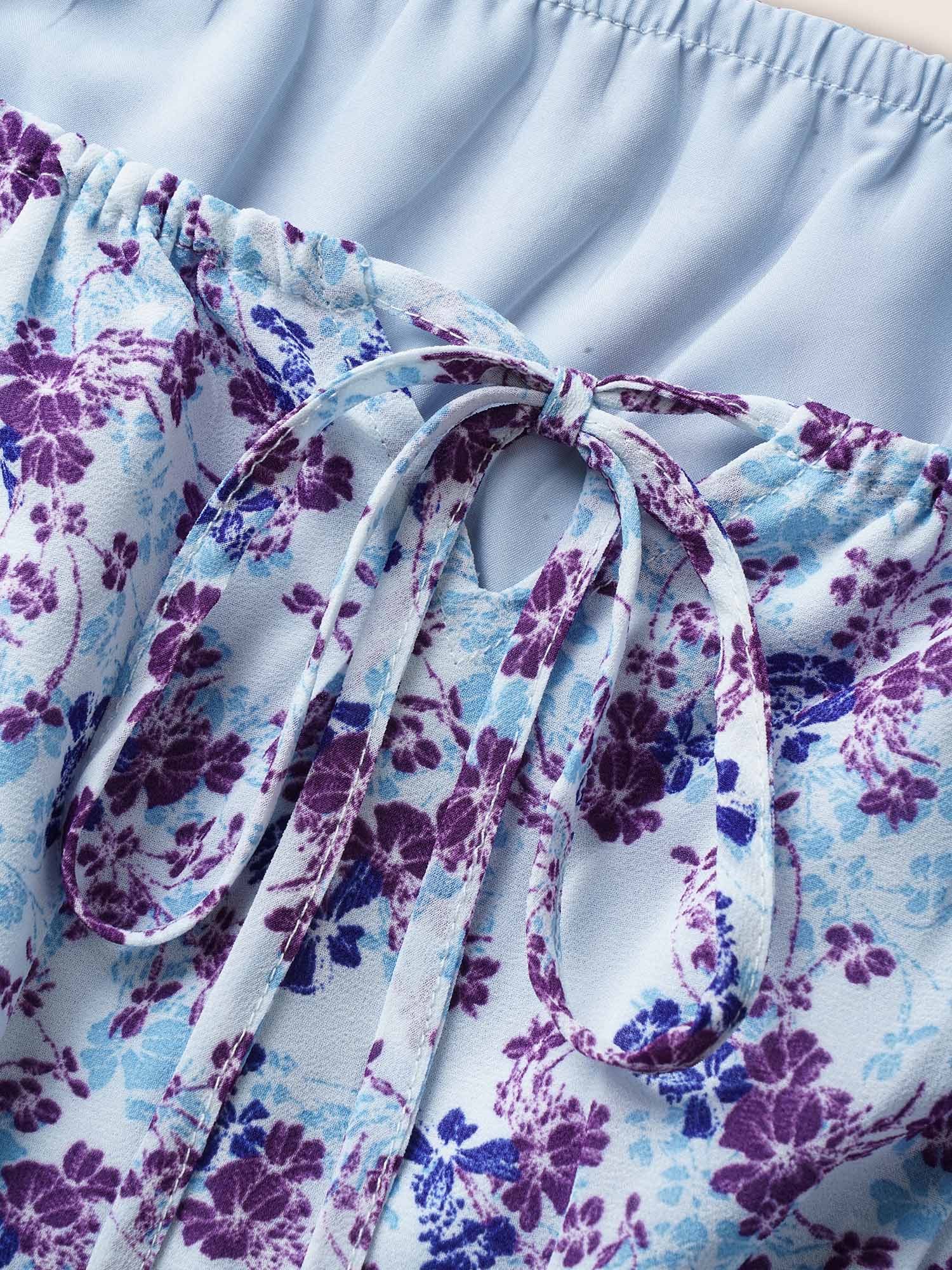 Plus Size Chiffon Ditsy Floral Tie Knot Raglan Sleeve Dress Purple Women Tie knot Square Neck Cap Sleeve Curvy BloomChic 30/6X 