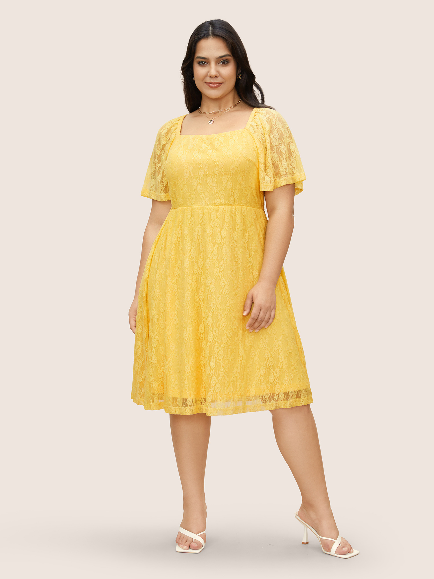 

Plus Size Crochet Lace Mesh Ruffle Sleeve Dress Yellow Women Elegant Woven ribbon&lace trim Square Neck Short sleeve Curvy BloomChic