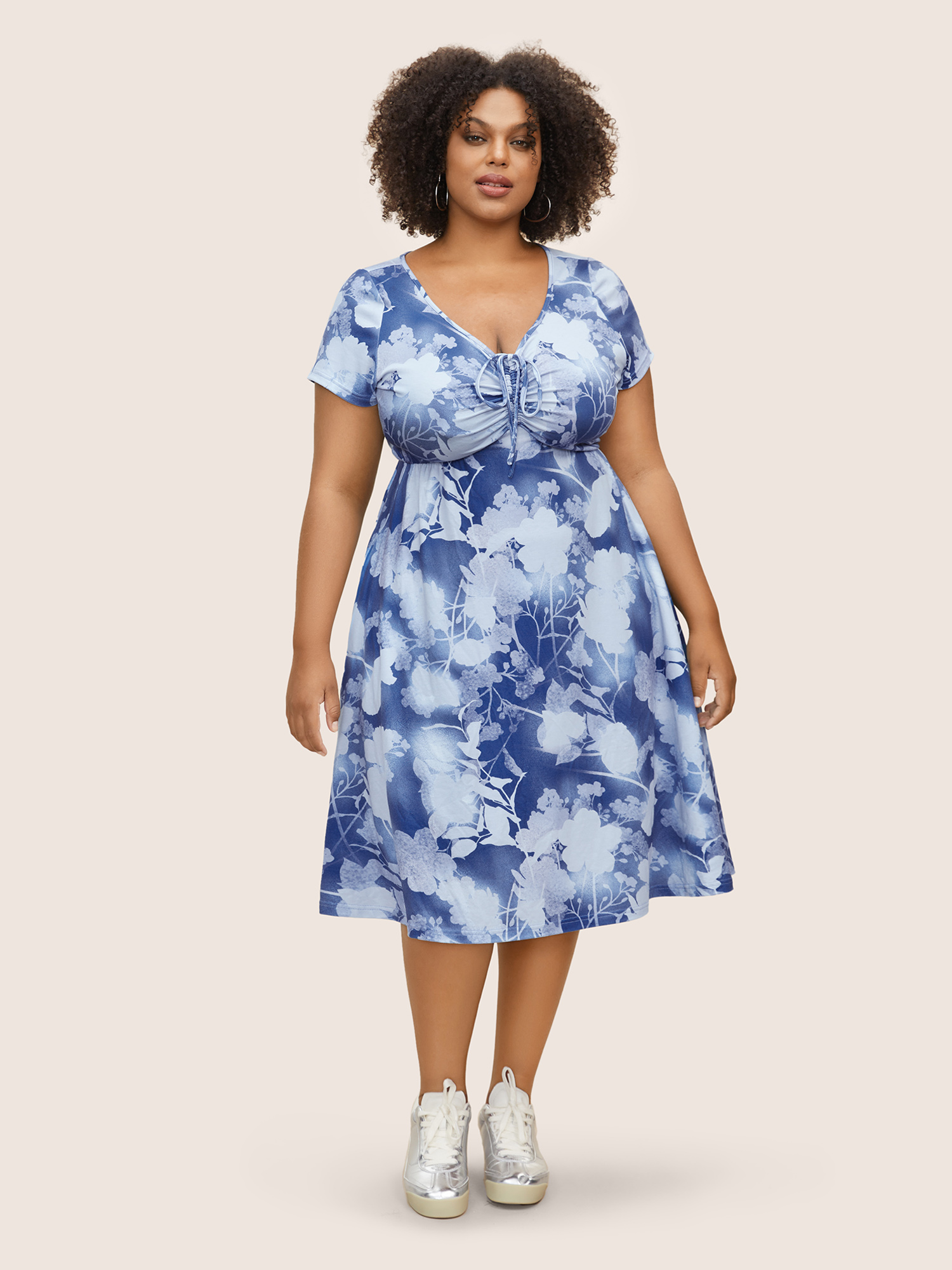 

Plus Size V Neck Floral Drawstring Pocket Dress Blue Women Casual Drawstring V-neck Short sleeve Curvy BloomChic